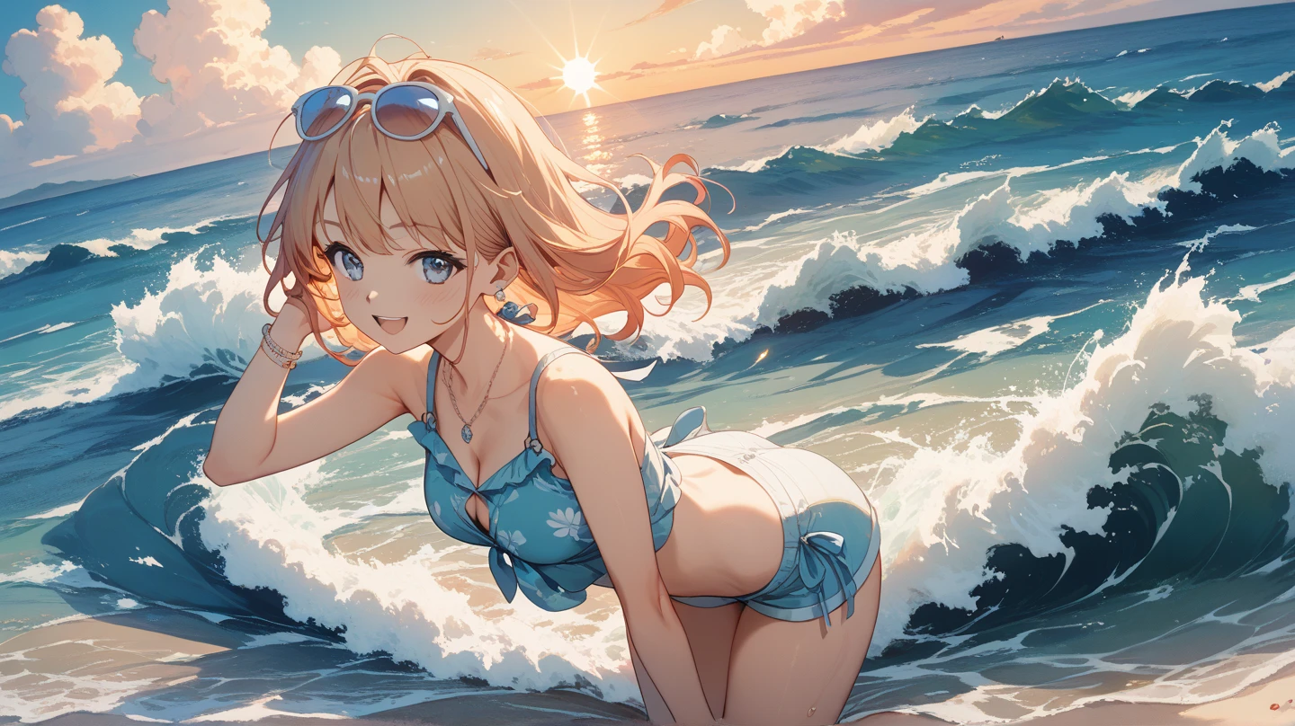 beautiful young girl in a bikini, playing beach volleyball on a sandy beach, with a gorgeous sunset in the background, (best quality,4K,8K,highres,masterpiece:1.2),Jump to catch the ball in the air
