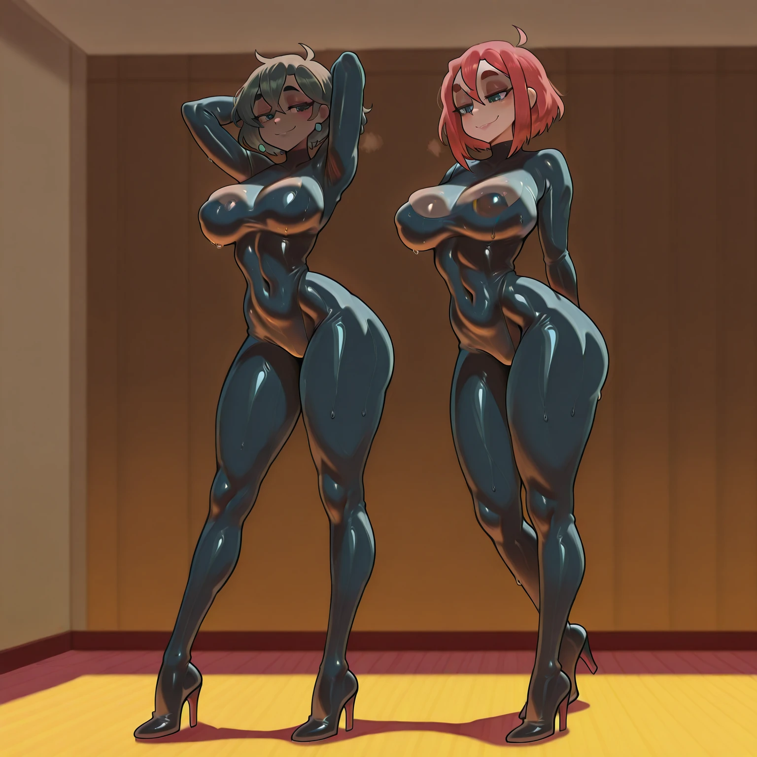 full bodyesbian，Nine women，Stand in a row，One-piece tights，Conjoinment，Blue latex set，Standing on the ground，huge tit，Slim，long leges，Stand up straight，nothing background，Slim，extra long leg，Insert the lower body，Exhibited，Mannequin，