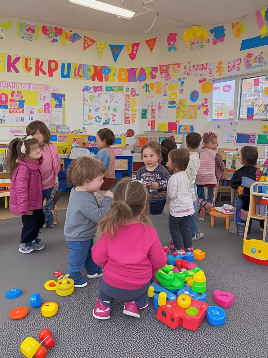 happy little children in red, blue and white t-shirts play happily in the classroom. the chairs are arranged in a circle. There is an inscription on the T-shirts "Hilton"