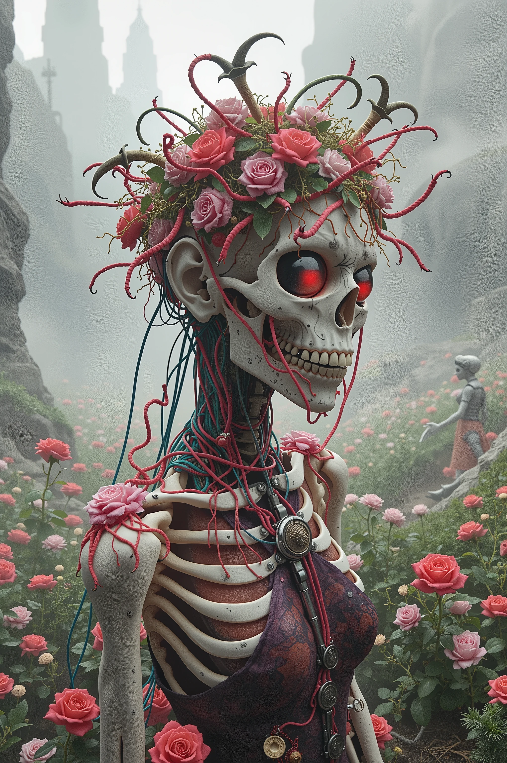 Ultra-realistic, photo-realistic, cinematic photography, realistic, hyperrealistic. A striking figure with an intricately elongated and skeletal body that creates a dramatic and surreal impression. The skin is pale, almost ghostly, stretching over the sinewy structure of the shoulders and neck, while the visible ribs emphasize a skeletal motif. Soft lighting highlights the porcelain-like texture of the skin, which is adorned with a series of elegant metal ornaments along the shoulders and arms. A deep red web over a deep violet attire frayed and ornate around the edges, contrasts starkly against the pale skin, and chrome metal plates adding a pop of color and enhancing the eerie mood. Wisps of hair cascade in waves, adding softness to the overall angular and macabre composition. The atmosphere is one of haunting elegance, with a somber undertone that blends elements of fantasy and the grotesque. There is a woman with a strange head and a body made of chrome, skin, flowers, and webbing holding sone parts together tightly with wires exposed acting as pulleys and hinges, 4k highly detailed digital art, humanoids overgrown with technology, flowers, organic growth, and chemicals work together, chemical waste either destroys or accelerates growth, organic waste never goes to waste, fungi and mold like spores inspire humanoid flora, 4 k highly detailed art, 4k detailed digital art, mechanical vegetal cyborg, detailed painting 4 k, detailed fantasy digital art, detailed macabre fantasy art, highly detailed fantasy art, psychedelic organic cyborg In a surreal, fantastical portrait, an intricate humanoid figure stands surrounded by a lush garden of vibrant roses. The figure's form is a complex, mesmerizing blend of organic and mechanical elements, with skin resembling ivory porcelain intertwined with a network of exposed wires, gears, and botanical motifs. The head is adorned with an elaborate headdress of bones, cables, and roots that are exploding into colorful circuits and wires and bizarre wired foliage, creating an intricatevotherworldly crown. Large, wide-set eyes and a skeletal grin give the face a haunting yet whimsical expression. Brightly colored flowers and ornaments are embedded in the nearby bones, adding an enchanting touch of life. The wires replace the stems of the foliage, and liquid chemicals steam in the heat, turning much of the matter a white phosphorescent color. The background features a fairy-tale/ dystopian pale and chemical burnt landscape with distant, whimsical towers and soft, ethereal lighting that glows in chemical fogs and complements the serene, almost dreamlike ambiance. Bones of animals and humans are everywhere here. More death than time for complete decomposition. The scene captures an exquisite blend of nature and machinery in a symphony of artistic imagination, evoking themes of transformation death, and the merging of humans, cyborgs, robots, technological engineering and the natural world. A female entity existing presents the solemn glowing of her pale skin and ghostly presence. Her body reflects and complements light that dances over the stone textures and the mold growth architecture of the setting. This gothic atmosphere is filled with shadows and depth, enhanced by the stones and scattered bones around her, evoking a somber, introspective mood. The interplay of light and shadow is captured beautifully, creating an evocative and intriguing tableau.A striking figure with an intricately elongated and skeletal neck creates a dramatic and surreal impression. The skin is pale, almost ghostly, stretching over the sinewy structure of the shoulders and neck, while the visible ribs emphasize a skeletal motif. Soft lighting highlights the porcelain-like texture of the skin, which is adorned with a series of elegant metal ornaments along the shoulders and arms. The deep red attire, frayed and ornate around the edges, contrasts starkly against the pale skin, adding a pop of color and enhancing the eerie mood. Wisps of hair cascade in waves, adding softness to the overall angular and macabre composition. The atmosphere is one of haunting elegance, with a somber undertone that blends elements of fantasy and the grotesque. Ultra-realistic, photo-realistic, ultra-detailed, realistic vision, hyperrealism, sensual suggestions, unsettling atmosphere, horrorific fantasy, disturbing visuals, abstract biomechanical art, cinematic photography, surrealism, asthetically incredible, icon style, different type of art, avant-garde images, unique, innovative, striking, captivating, iconic characters, masterpiece A surreal and eerie scene unfolds in a misty, otherworldly forest filled with a gathering of bizarre, biomechanical creatures. These beings are characterized by their skeletal, elongated limbs and menacing presence. The central figure towers over the others, resembling an insectoid deity with intricate, organic designs and red glowing eyes that emit an unsettling aura. Surrounding it, smaller entities with gaping eye sockets and horn-like protrusions crowd the scene, creating a sense of an ominous congregation. The ground is overgrown with lush green foliage, and patches of rocky terrain peek through. The misty atmosphere casts a ghostly pall over the landscape, enhancing the scene's mystery and foreboding tone. The composition uses depth effectively, with the towering figure as the focal point, leading the viewer's eye through the strange assembly of creatures.
