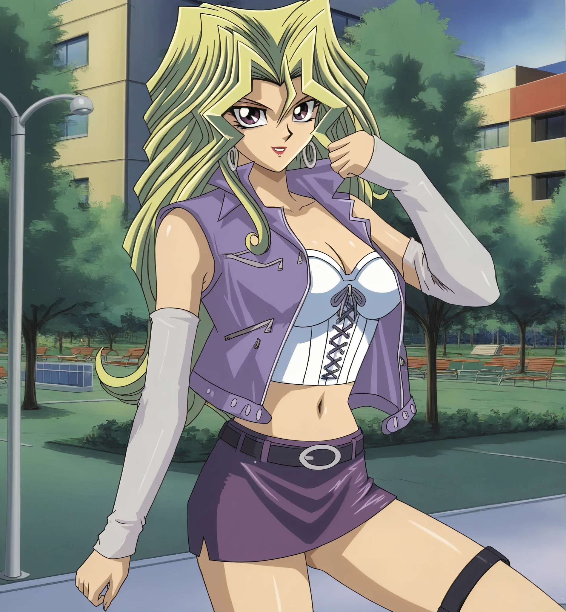 masterpiece, best quality), intricate details 1girl, mai valentine, long hair, blonde hair, jewelry, purple eyes, earrings, makeup, huge breasts purple jacket and white shirt, ero full body