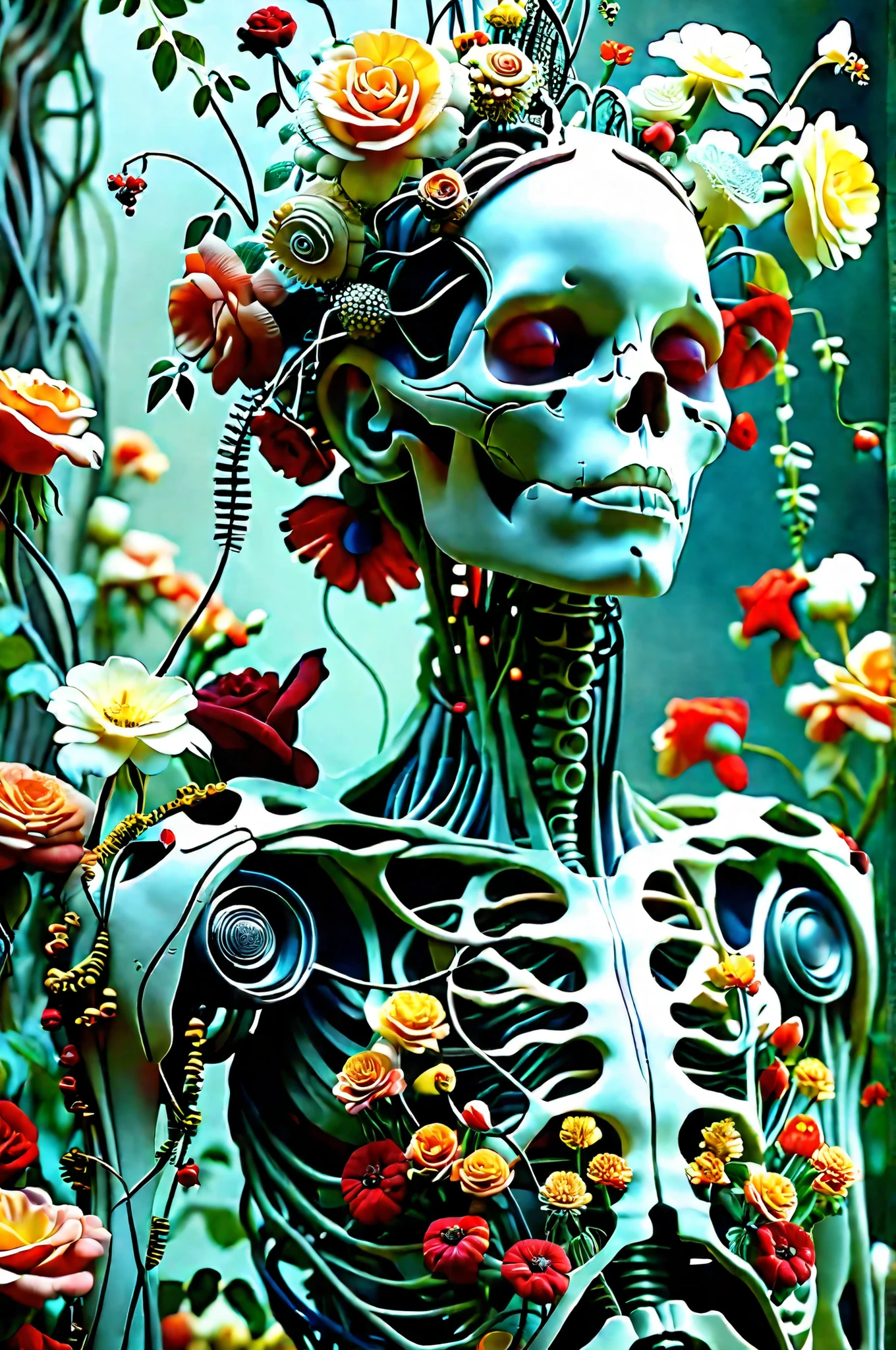 Ultra-realistic, photo-realistic, cinematic photography, realistic, hyperrealistic. A striking figure with an intricately elongated and skeletal body that creates a dramatic and surreal impression. The skin is pale, almost ghostly, stretching over the sinewy structure of the shoulders and neck, while the visible ribs emphasize a skeletal motif. Soft lighting highlights the porcelain-like texture of the skin, which is adorned with a series of elegant metal ornaments along the shoulders and arms. The deep red attire, frayed and ornate around the edges, contrasts starkly against the pale skin, adding a pop of color and enhancing the eerie mood. Wisps of hair cascade in waves, adding softness to the overall angular and macabre composition. The atmosphere is one of haunting elegance, with a somber undertone that blends elements of fantasy and the grotesque. There is a woman with a strange head and a body made of flowers, 4k highly detailed digital art, humanoids overgrown with flowers, organic growth, organic waste never goes to waste, fungi and mold like spores inspire humanoid flora, 4 k highly detailed art, 4k detailed digital art, mechanical vegetal cyborg, detailed painting 4 k, detailed fantasy digital art, detailed macabre fantasy art, highly detailed fantasy art, psychedelic organic cyborg In a surreal, fantastical portrait, an intricate humanoid figure stands surrounded by a lush garden of vibrant roses. The figure's form is a complex, mesmerizing blend of organic and mechanical elements, with skin resembling ivory porcelain intertwined with a network of exposed wires, gears, and botanical motifs. The head is adorned with an elaborate headdress of bones, cables, and roots that are exploding into colorful circuits and wires and bizarre wired foliage, creating an intricatevotherworldly crown. Large, wide-set eyes and a skeletal grin give the face a haunting yet whimsical expression. Brightly colored flowers and ornaments are embedded in the nearby bones, adding an enchanting touch of life. The wires replace the stems of the foliage, and liquid chemicals steam in the heat, turning much of the matter a white phosphorescent color. The background features a fairy-tale/ dystopian pale and chemical burnt landscape with distant, whimsical towers and soft, ethereal lighting that glows in chemical fogs and complements the serene, almost dreamlike ambiance. Bones of animals and humans are everywhere here. More death than time for complete decomposition. The scene captures an exquisite blend of nature and machinery in a symphony of artistic imagination, evoking themes of transformation death, and the merging of humans, cyborgs, robots, technological engineering and the natural world. A female entity existing presents the solemn glowing of her pale skin and ghostly presence. Her body reflects and complements light that dances over the stone textures and the mold growth architecture of the setting. This gothic atmosphere is filled with shadows and depth, enhanced by the stones and scattered bones around her, evoking a somber, introspective mood. The interplay of light and shadow is captured beautifully, creating an evocative and intriguing tableau.A striking figure with an intricately elongated and skeletal neck creates a dramatic and surreal impression. The skin is pale, almost ghostly, stretching over the sinewy structure of the shoulders and neck, while the visible ribs emphasize a skeletal motif. Soft lighting highlights the porcelain-like texture of the skin, which is adorned with a series of elegant metal ornaments along the shoulders and arms. The deep red attire, frayed and ornate around the edges, contrasts starkly against the pale skin, adding a pop of color and enhancing the eerie mood. Wisps of hair cascade in waves, adding softness to the overall angular and macabre composition. The atmosphere is one of haunting elegance, with a somber undertone that blends elements of fantasy and the grotesque. Ultra-realistic, photo-realistic, ultra-detailed, realistic vision, hyperrealism, sensual suggestions, unsettling atmosphere, horrorific fantasy, disturbing visuals, abstract biomechanical art, cinematic photography, surrealism, asthetically incredible, icon style, different type of art, avant-garde images, unique, innovative, striking, captivating, iconic characters, masterpiece