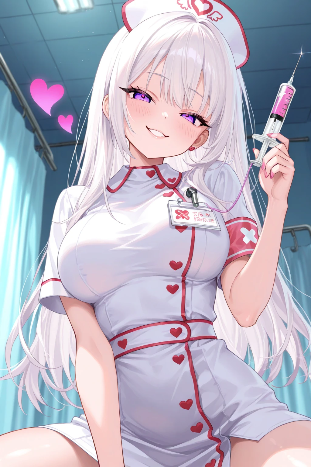 ((Highest quality、masterpiece、Anime Style、Highest quality、High resolution、8k、detailed、ultra-detailed:1.3))、Long legs、Sharp focus:1.2, Beautiful woman with perfect figure:1.4、(smile:1.2), double eyelid、30-year-old woman、Sexy pose、((((Shut your mouth.、One Woman,white Nurse uniform:1.5)))),The background is a near-future Tokyo