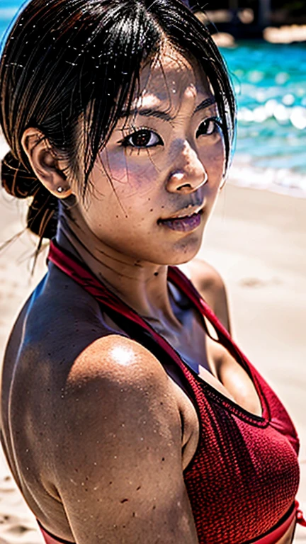 analog film photo, photo of a young swimmer, female, amber eyes, matted ponytail, tan complexion, Japanese ethnicity, beautiful face, natural beauty, Amazonian stature, hourglass figure, busty bosom, narrow waist, full wide hips, plump round buttocks, wearing a tight sport bikini, posing on a high dive platform, sweaty skin, damp clothes, RAW Photograph, dslr, soft lighting, high quality, film grain, Fujifilm XT3, detailed skin with visible pores, insane details, masterpiece, 8k, 35mm photograph, dslr, kodachrome, faded film, desaturated, grainy, vintage, Lomography, stained, highly detailed, found footage, close-up shot