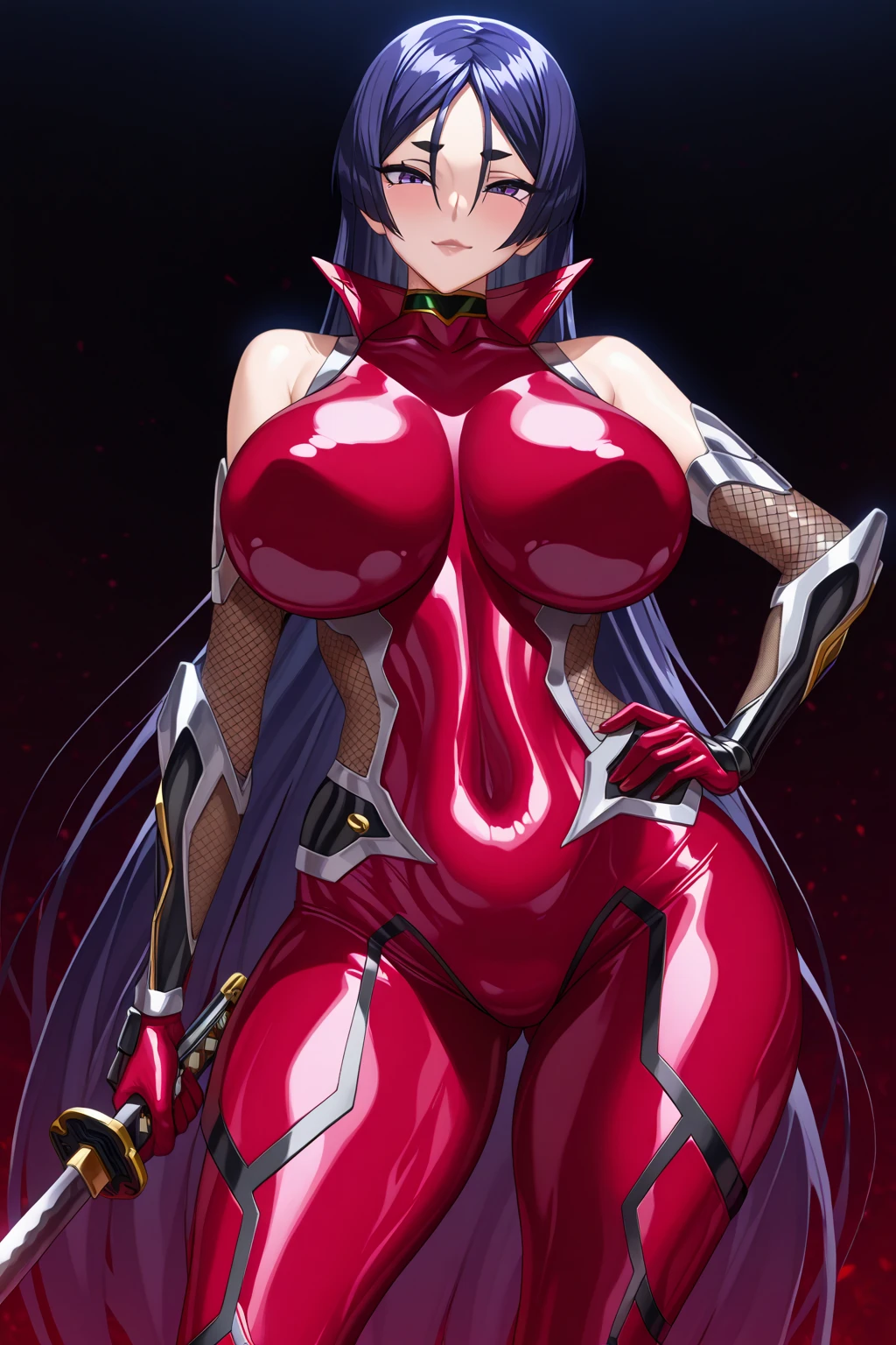 cornelia_li_britannia, huge breasts, 1girl, solo, standing, cornelia_military_uniform, masterpiece, best quality, detailed face, detailed eyes, highres, leotard, latex, sleeveless, knee boots, haigure pose, open hands, standing, spread legs, (expressionless:1.2), upper body,
