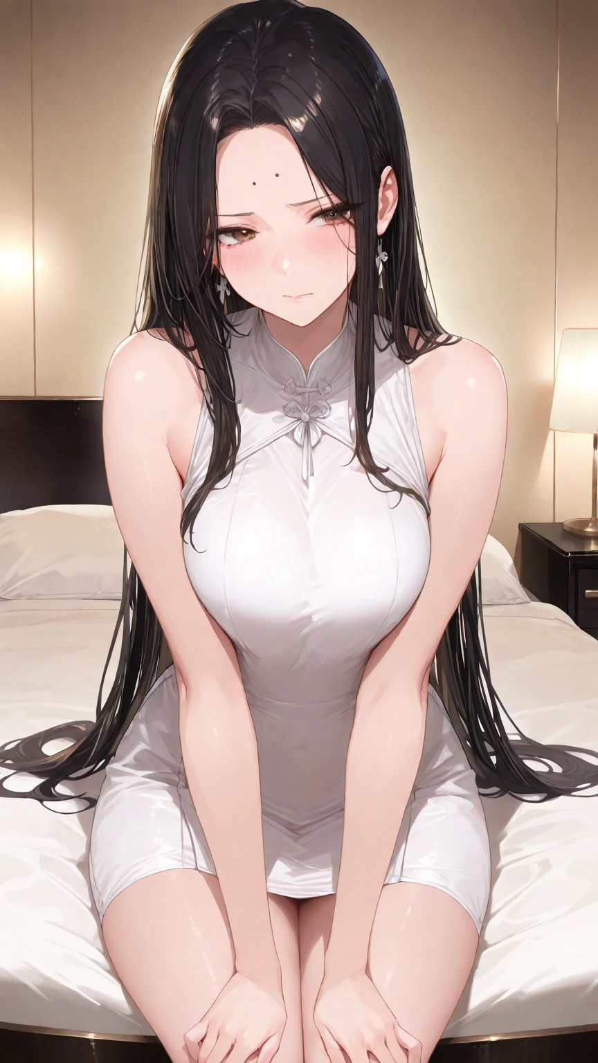 1 girl, game CG, wet white dress,transparent dress ,dress that shows the chest,off shoulder, thighs, big breasts, light black hair, long hair, red eyes,Body pillow,Daimakura,whole body, smile , blush,dakimakura