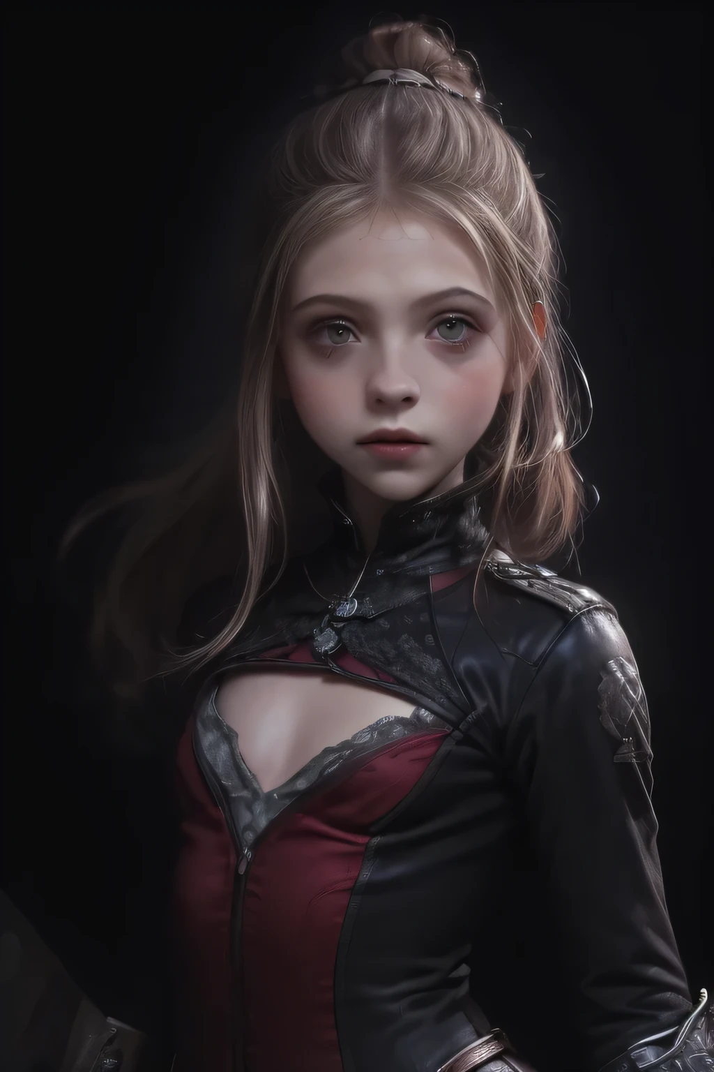 ((best quality)), ((masterpiece)), (detailed), perfect face (((mastepiece, of the highest quality, super detailed))), ((plain dark background)), ((photorealistic)), Dark fantasy art, dark fantasy, ((gothic art)), ((Bloodborne inspired)), (Georgian era inspired), human female, (occultic vibe), (cosmic horror vibe), (beautifully fine and intricate white embroidery), (occultic academic uniform), (academic witch), (smart and intricate small jacket top) ((carrying an ornately designed and decorated sword hilt in her right hand)), (black intricately detailed gothic uniform), (thigh length puffy breeches), (thigh high buckled boots), ((((Highly detailed face)))), small thin nose, Small thin lips mouth, (((Very sharp focused eyes))), ((perfect symmetrical beautiful eyes)). looking here, (resolved expression), (resolute expression), ((biblically evocative)), ((dark and gloomy)), ((small )), ((blonde)) hair, ((long ponytail, thick ponytail, heavy ponytail)), very long eyelashes, (full body), (dynamic poses), (action poses), (attacking with a sword), character design, (((petite))), (((petite breast size))), (((very small breasts))), (((little breasts))), (((tiny breasts))), (((flat chest:0.1))), (((very tiny breasts))), (((very flat chested))), soft lighting