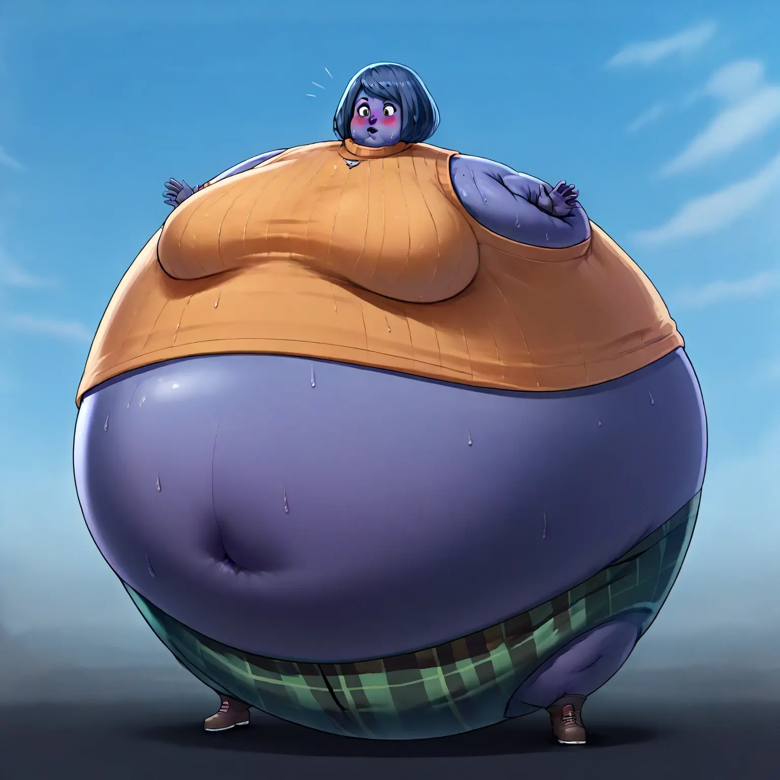 Malamute, female, long cyan hair, huge breasts, huge hips, huge thighs, plump, voluptuous, morbidly obese, feminine, gorgeous, beautiful, eyelashes, fat arms, fat legs, fat neck, chubby cheeks, double chin,tank top, black skirt,cyan hair, cyan fur, cyan eyes, pear-shapped figure, claws,cyan claws simple background, rectangular glasses , , fullbody, graceful,cyan eyes, bottom heavy tufy of hair on eye, big belly, high heels
