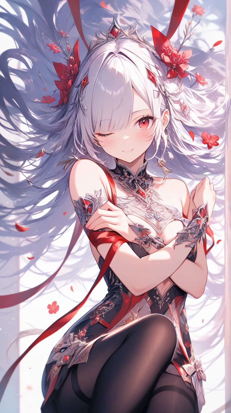 work of art, best qualityer, 1 girl, White hair, smiling, looking ahead at viewer, grown-up, totally mature, holding black rose, fully body, bare feet
