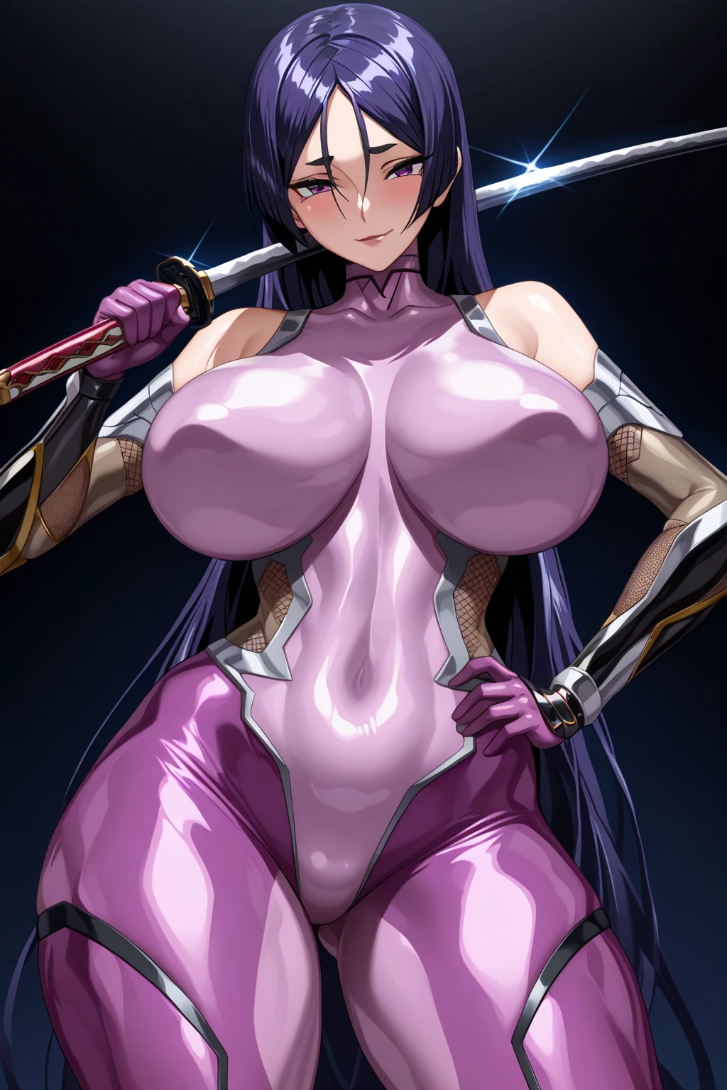 Asagi,  (best quality,4k,8k,highres,masterpiece:1.2),ultra-detailed,(realistic,photorealistic,photo-realistic:1.37),beautiful girl,long straight black hair,fit,

ultra-detailed armpit,beautiful detailed sweat pores,smooth skin texture,meticulously rendered,

(sleeveless purple bodysuit, glowing white linings), (steamy armpits:1.2), ((grabbing breast)), long nipples,  from tip of nipple, orgasm face, wet

white hair, red eyes,