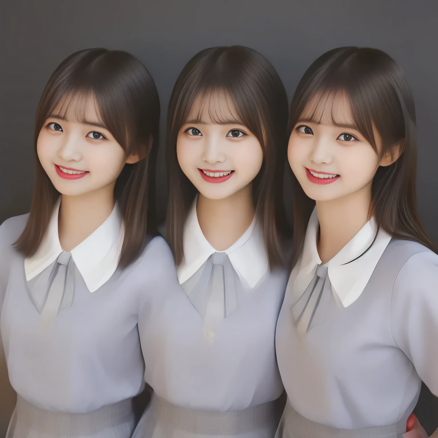 (highest quality, masterpiece, high resolution:1.2), 4K, (University Beauty Pageant Winners Sponsored By Famous Fashion Brand Company, Too beautiful (Japanese photo models) are laughing and inviting the viewer: 1.0), (((Pristine)) white silk office blouse, Demure atmosphere, Mid-length navy plaid skirt, cutest striped shiny blue bow-tie: 1.2), (Beautiful ((Pristine)) hair style), (Take a shot from side), (Clearly detailed foreground, Noting but plain blue background: 1.0)