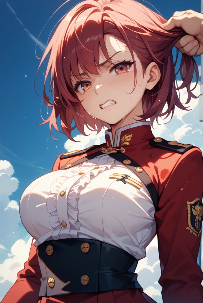 (((Costume inspired by the flag of the Republic of Uganda:1.3))),(((Woman in men's clothing:1.3))),(masterpiece,Highest quality,Ultra-high resolution output images,Write boundary depth,Intricate details,Adding dimension to your subject with the contrast of light and shadow,Anatomically correct facial structure),(Picture Mode Ultra HD,)