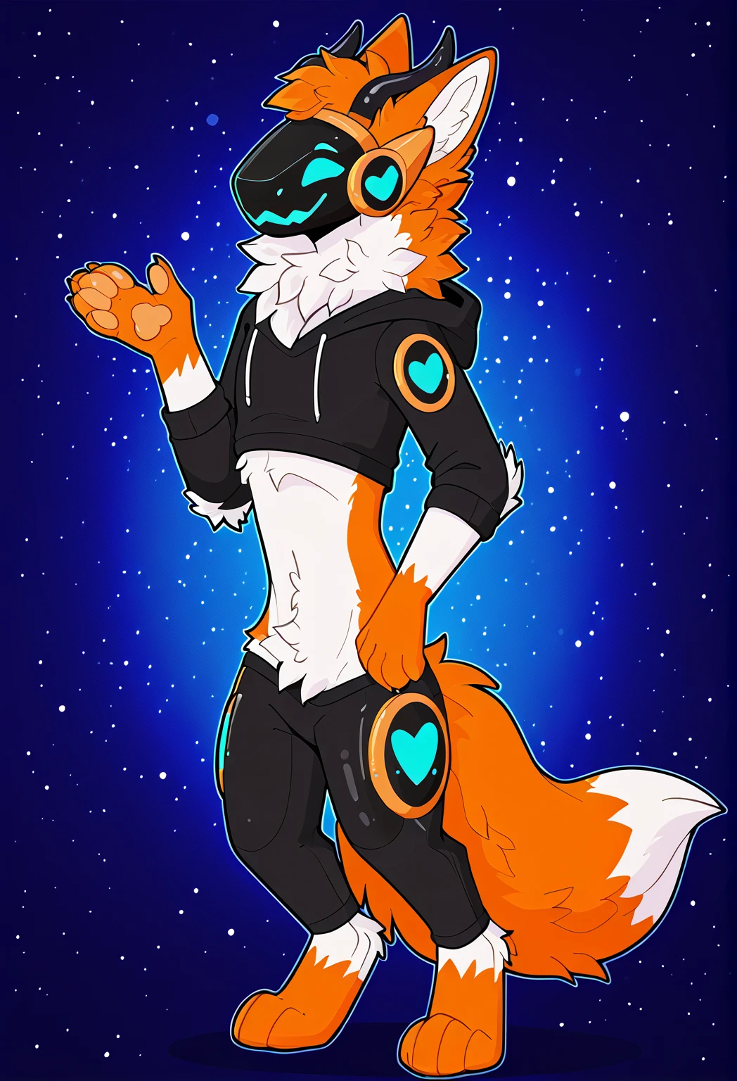 Protogen, protogen face, male, femboy, light, black orange fur try body, cute orange tail, big fluffy hair, hair hangs over visor, flustered, shocked expression, sweating, naked, standing, ((reproductive organ, erect)) in a big open grass field, dark, dim light, solo:1.3, realistic, hyper detailed, unreal engine,