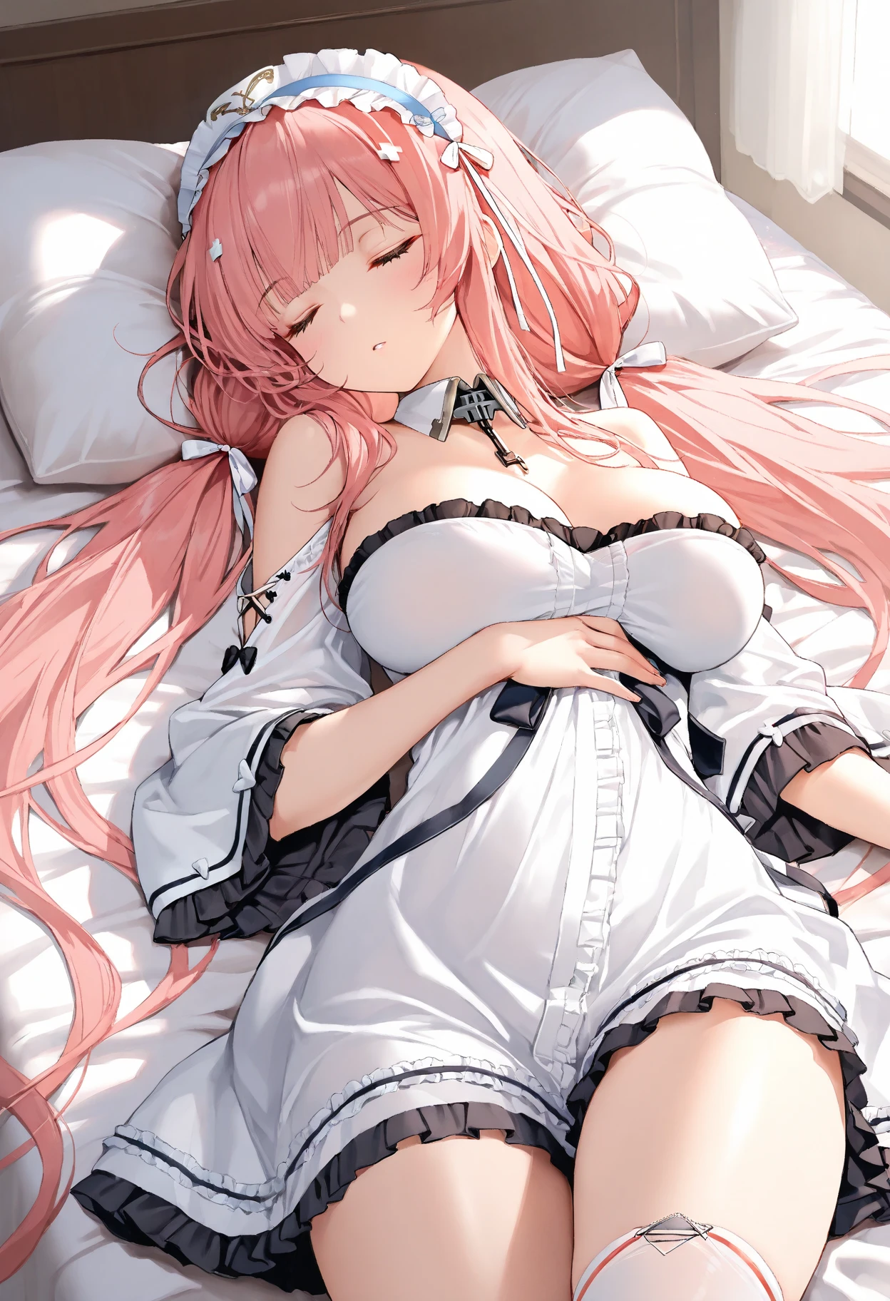 chiquita,A pink-haired,Gentle eyes,Single high ponytail,round frame glasses,Rich textures,highlight and shadow,Long hair draped loosely ,On white paper,White stockings,pinkdress,Place your hands behind your back,with a well-proportioned body,Taste,masochism,Lying on a white bed,Charming,fully body photo,skirt translucent,Shackles bind hands,Shackles bind the legs,Bondage,PW,Wear a collar around your neck,binding,Chains,Scar,booty,The whole body is bound by hemp rope,The mouth is sealed,Scars all over the body
