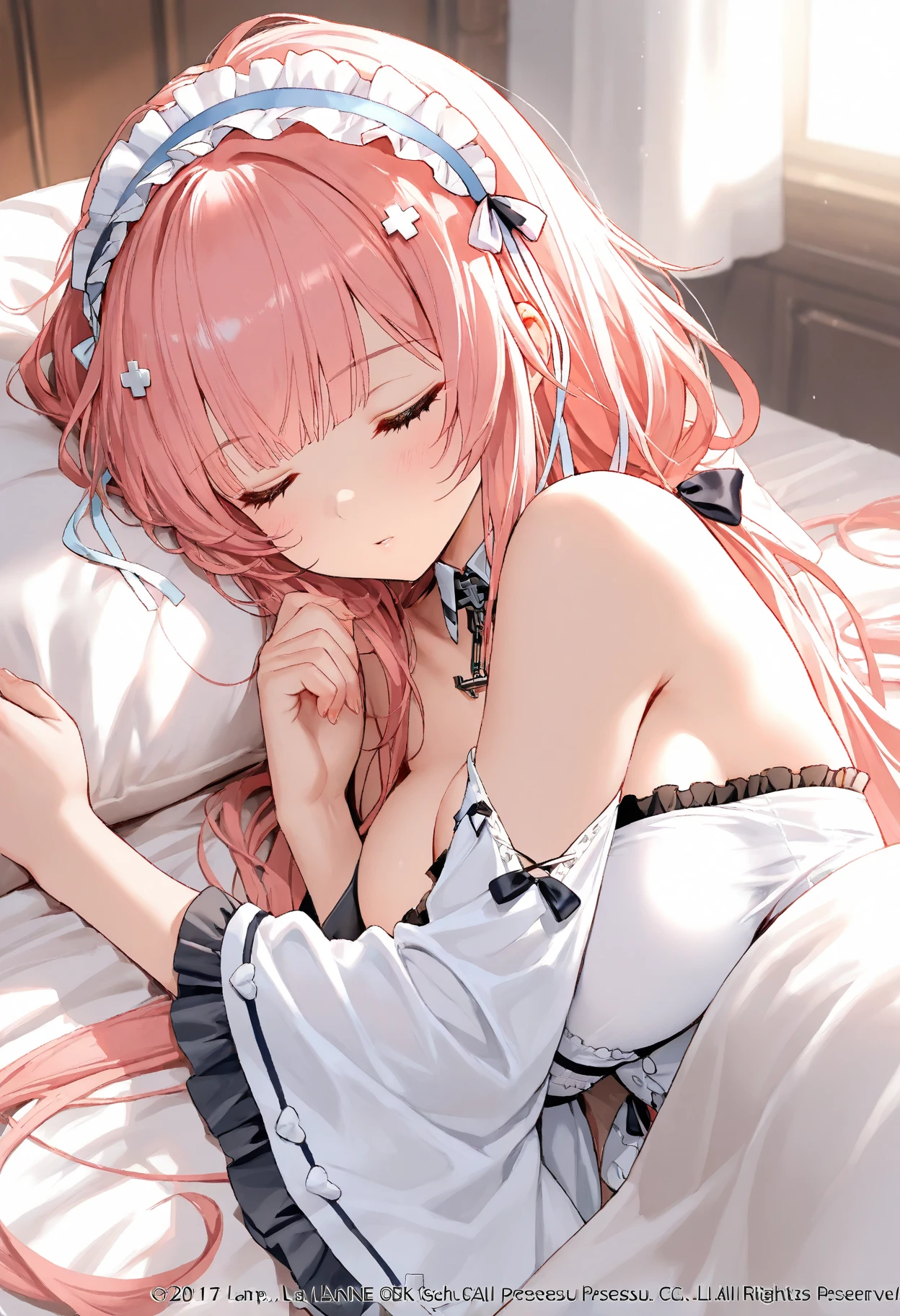 sleeping face down、1 girl,half closed eyes,blush,heart shaped eyes,pink hair,blue eyes,two side up,shoulder,evil children、tight,NSFW,pussy、pussy、pussy、maid clothes