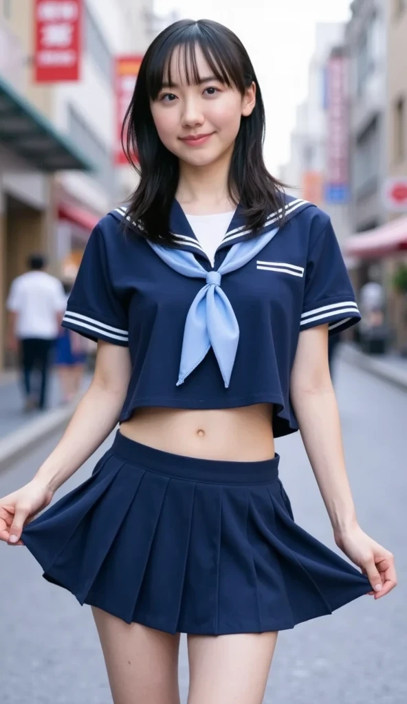 A neat and tidy elementary school student、(school uniform、Sailor suit、Ribbon tied on chest、Summer clothes、The upper body is white、The skirt is navy blue)、Outside the stadium、(slim)、Realistic、detailed, Skin Texture, 超detailed、Delicate and sexy collarbone、A sloppy smile、スーバーdetailedな顔、detailed唇、detailedな目、Small breasts、Small breasts、、Small breasts、Flat Chest、Accentuate your breasts、Bright Face、((Are standing、White panties visible under the skirt、Taking off her skirt、She is unzipping her skirt with both hands.))、Short hair with bangs、Twin tails、Top View、8-year-old