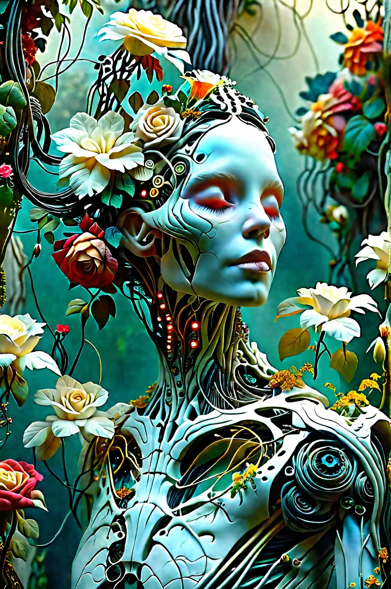 Ultra-realistic, photo-realistic, cinematic photography, realistic, hyperrealistic. A striking figure with an intricately elongated and skeletal neck creates a dramatic and surreal impression. The skin is pale, almost ghostly, stretching over the sinewy structure of the shoulders and neck, while the visible ribs emphasize a skeletal motif. Soft lighting highlights the porcelain-like texture of the skin, which is adorned with a series of elegant metal ornaments along the shoulders and arms. The deep red attire, frayed and ornate around the edges, contrasts starkly against the pale skin, adding a pop of color and enhancing the eerie mood. Wisps of hair cascade in waves, adding softness to the overall angular and macabre composition. The atmosphere is one of haunting elegance, with a somber undertone that blends elements of fantasy and the grotesque.there is a woman with a strange head and a body made of flowers, 4k highly detailed digital art, humanoids overgrown with flowers, humanoid flora, 4 k highly detailed art, 4k detailed digital art, mechanical vegetal cyborg, detailed painting 4 k, detailed fantasy digital art, detailed fantasy art, highly detailed fantasy art, psychedelic organic cyborgIn a surreal, fantastical portrait, an intricate humanoid figure stands surrounded by a lush garden of vibrant roses. The figure's form is a complex, mesmerizing blend of organic and mechanical elements, with skin resembling ivory porcelain intertwined with a network of exposed wires, gears, and botanical motifs. The head is adorned with an elaborate headdress of cables and roots exploding into colorful and bizarre foliage, creating an otherworldly crown. Large, wide-set eyes and a skeletal grin give the face a haunting yet whimsical expression. Brightly colored flowers and ornaments are embedded in the body, adding an enchanting touch of life. The background features a fairy-tale landscape with distant, whimsical towers and soft, ethereal lighting that complements the serene, almost dreamlike ambiance. The scene captures an exquisite blend of nature and machinery in a symphony of artistic imagination, evoking themes of transformation and the merging of human and natural worlds.A woman sits amidst the solemn grandeur of a dimly lit room, her presence accentuated by an elaborate black and red gown. The dress is richly adorned with intricate details and vibrant red frills, drawing the eye with its striking contrast against the subdued background. Her dark, flowing hair cascades over her shoulders, complementing the dramatic ambiance. She holds an ornate fan, its red and gold hues matching her attire, adding a touch of elegance and mystery. Surrounding her are antique candlesticks, their glowing flames casting a warm, flickering light that dances over the stone textures and arched architecture of the setting. This gothic atmosphere is filled with shadows and depth, enhanced by the stones and scattered bones around her, evoking a somber, introspective mood. The interplay of light and shadow is captured beautifully, creating an evocative and intriguing tableau.A striking figure with an intricately elongated and skeletal neck creates a dramatic and surreal impression. The skin is pale, almost ghostly, stretching over the sinewy structure of the shoulders and neck, while the visible ribs emphasize a skeletal motif. Soft lighting highlights the porcelain-like texture of the skin, which is adorned with a series of elegant metal ornaments along the shoulders and arms. The deep red attire, frayed and ornate around the edges, contrasts starkly against the pale skin, adding a pop of color and enhancing the eerie mood. Wisps of hair cascade in waves, adding softness to the overall angular and macabre composition. The atmosphere is one of haunting elegance, with a somber undertone that blends elements of fantasy and the grotesque.