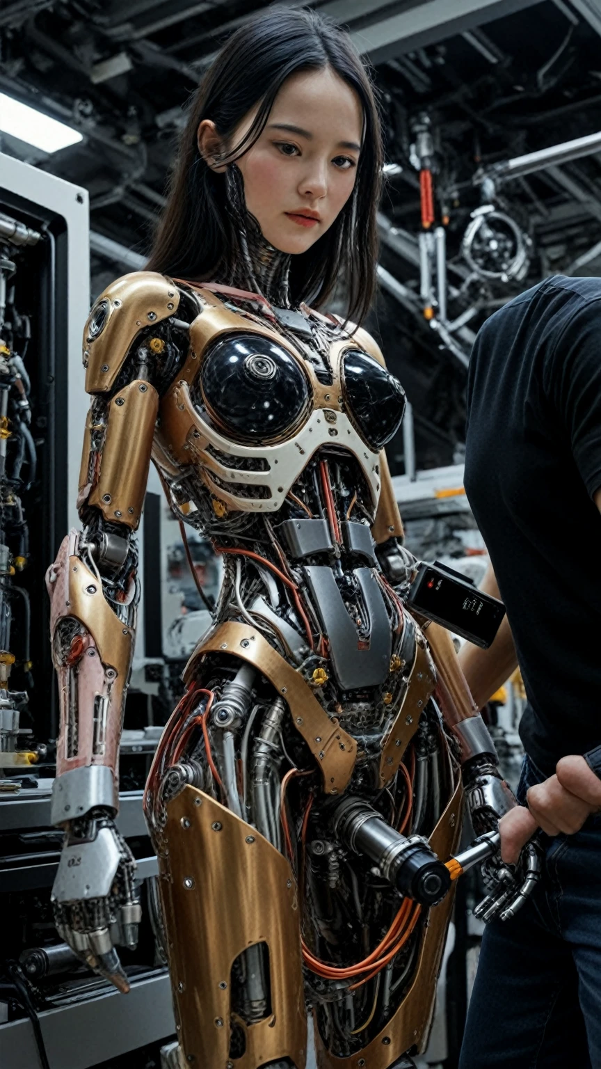 (((masterpiece))), (((Highest quality))), ((Very detailed)), (Highly detailed CG illustrations), ((close your eyes)), ((gas mask)), ((bare hands)) ((Very delicate and beautiful)),(Cute and delicate face),Cinematic Light,((1. Machine Girl)),alone,whole body,(Machine made joints:1.4),((Mechanical Limbs)),(Blood vessels connected to tubes),((Mechanical vertebrae attached to the back)),((Cervical vertebrae mechanically attached to the neck)),((Sitting)),Feeling facial expression,(Wires and cables connecting the head and body:1.5),(Character Focus),SF Black Hair Sweaty face cute