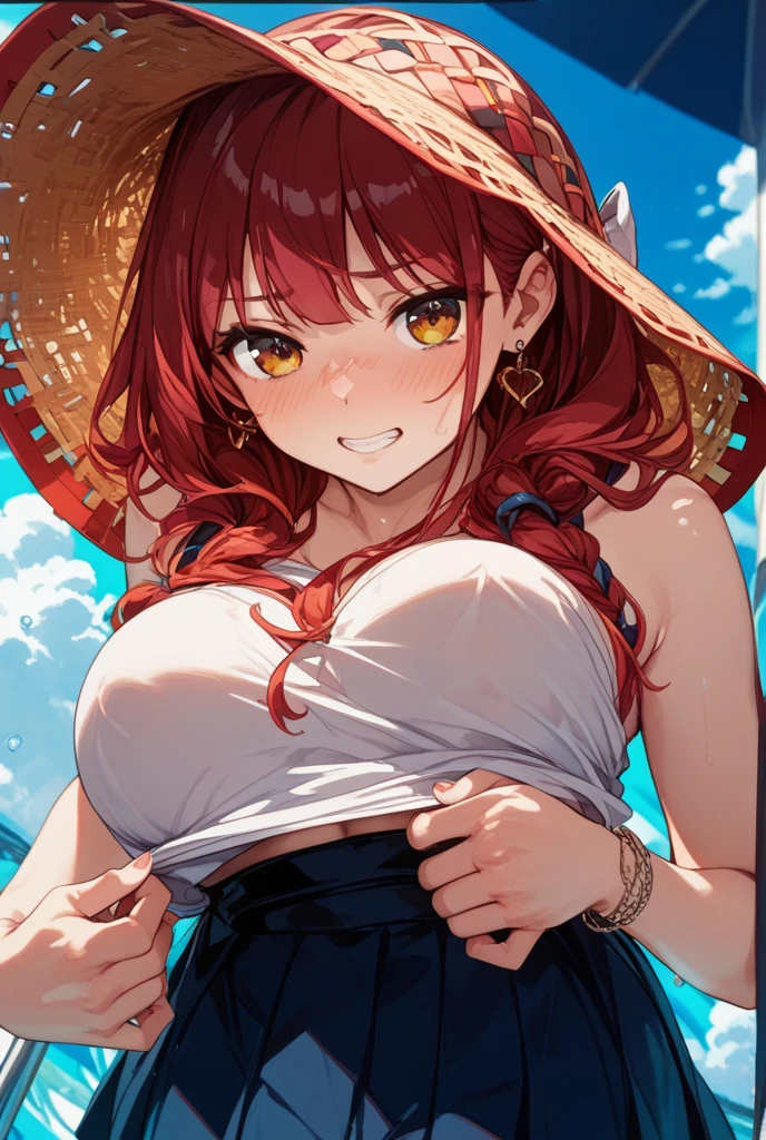 pedestrian walkway, 城市, blue-sky, from below, huge tit,underbust, woman, cropped-fc,,, BTPT-FC, dark blue lace underwear, gnome, 1girll, 详细的脸, illustratio