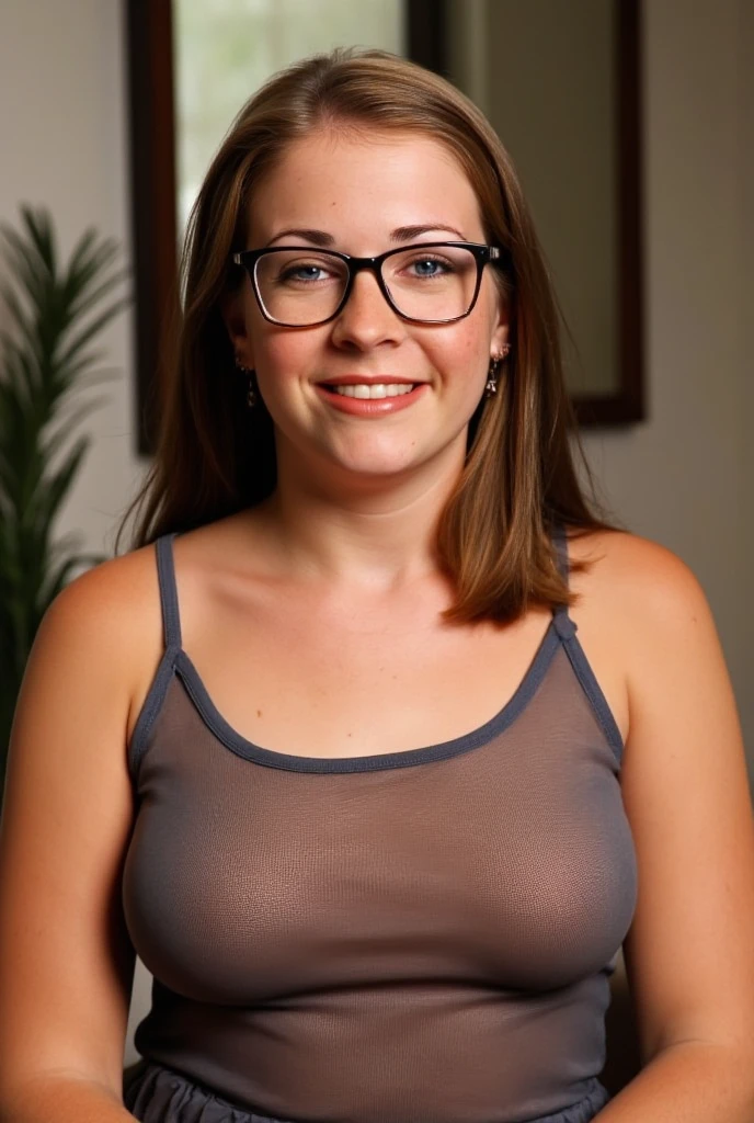 emma watson with dark brown hair, wearing a short sun dress, wearing glasses, chubby body, blue eyes, nerdy, armpits showing, barely fits her dress, broad shoulders, she's not wearing a bra, small breast, flat chest, perky nipples, thick thigh, thick arms, in a boutique shop, strong lighting, athletic build