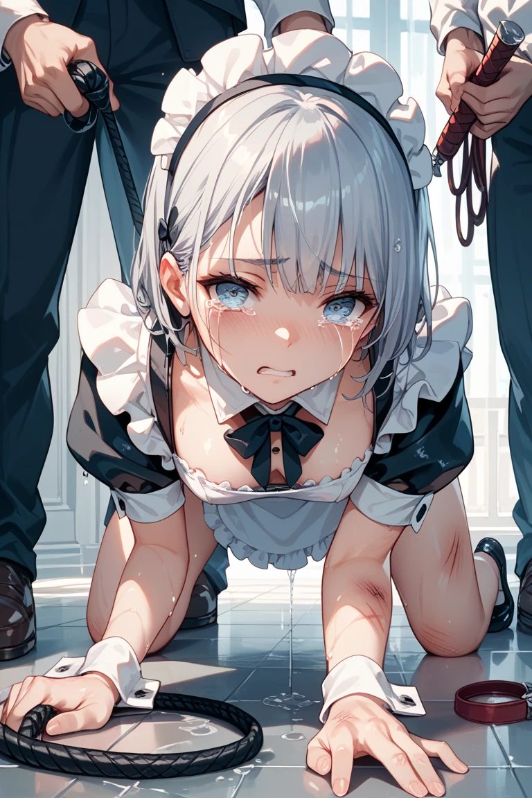 Anime, girl, cute girl, slave, maid, maid uniform, shoes, slave collar, shackles, cold, runny nose, nasal mucus, snot, snot from the nose, handkerchief, you need to sneeze, sneeze yourself, sneeze snot from your nose, desperately want sneeze, cover your nose with your right hand, urinary incontinence, peed, need to pee, pee yourself, pee, pee yourself, cry, really desperately want to pee, scat, diarrhea, crap yourself, need to poop, need to poop, poop in your panties, poop yourself, poop, sneeze, pee and pee yourself: 1.3), desire to sneeze, desire to pee, desire to poop tightly covering the perineum, knees together, feet apart: 1.6), (hand between legs, leaning forward: 1.3), (shaded face, despair, anxiety, sigh, full face flush, embarrassment, looking away: 1.5), (girl can't stand up straight: 1.5), full body, (ultra detailed face, best quality: 1.5), ( from the side), standing, living room, full height. Pee on the floor and pooped on the floor