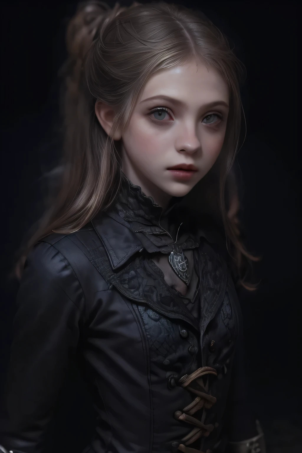  ((best quality)), ((masterpiece)), (detailed), perfect face (((mastepiece, of the highest quality, super detailed))), ((plain dark background)), ((photorealistic)), Dark fantasy art, dark fantasy, ((gothic art)), ((Bloodborne inspired)), (Georgian era inspired), human female, (occultic vibe), (cosmic horror vibe), (beautifully fine and intricate white embroidery), (occultic academic uniform), (academic witch), (smart and intricate small jacket top), ((black intricately detailed gothic uniform), (thigh length puffy breeches), (thigh high buckled boots), ((((Highly detailed face)))), small thin nose, Small thin lips mouth, (((Very sharp focused eyes))), ((perfect symmetrical beautiful eyes)). looking here, (resolved expression), (resolute expression), ((biblically evocative)), ((dark and gloomy)), ((small )), ((blonde)) hair, ((long ponytail, thick ponytail, heavy ponytail)), very long eyelashes, (full body), (dynamic poses), character design, (((petite))), (((petite breast size))), (((very small breasts))), (((little breasts))), (((tiny breasts))), (((flat chest:0.1))), (((very tiny breasts))), (((very flat chested))), soft lighting