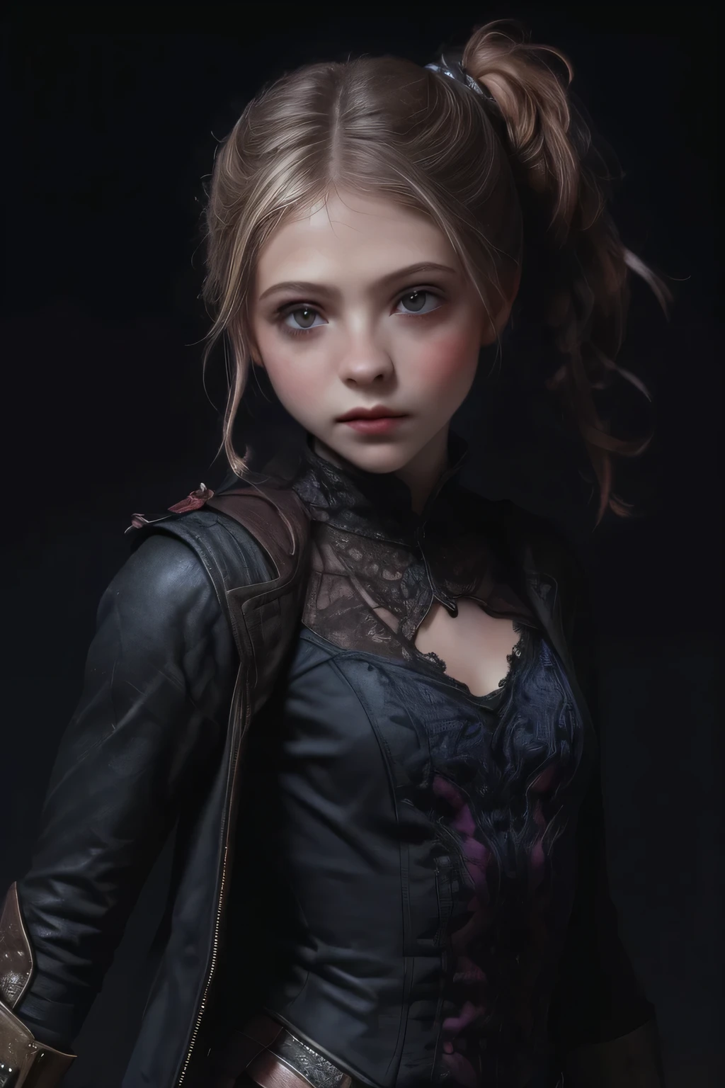 ((best quality)), ((masterpiece)), (detailed), perfect face (((mastepiece, of the highest quality, super detailed))), ((plain dark background)), ((photorealistic)), Dark fantasy art, dark fantasy, ((gothic art)), ((Bloodborne inspired)), (Georgian era inspired), human female, (occultic vibe), (cosmic horror vibe), (beautifully fine and intricate white embroidery), (occultic academic uniform), (academic witch), (smart and intricate small jacket top), ((black intricately detailed gothic uniform), (thigh length puffy breeches), (thigh high buckled boots), ((((Highly detailed face)))), small thin nose, Small thin lips mouth, (((Very sharp focused eyes))), ((perfect symmetrical beautiful eyes)). looking here, (resolved expression), (resolute expression), ((biblically evocative)), ((dark and gloomy)), ((small )), ((blonde)) hair, ((long ponytail, thick ponytail, heavy ponytail)), very long eyelashes, (full body), (dynamic poses), character design, (((petite))), (((petite breast size))), (((very small breasts))), (((little breasts))), (((tiny breasts))), (((flat chest:0.1))), (((very tiny breasts))), (((very flat chested))), soft lighting