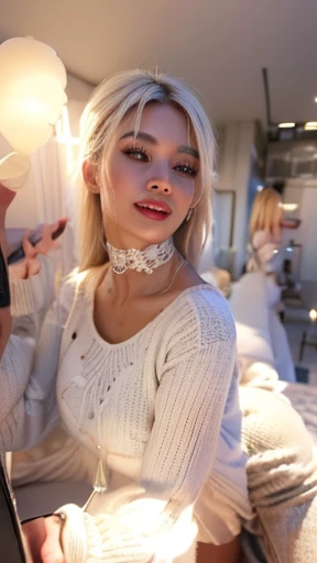 (Highest quality, 4K, 8k, High resolution, masterpiece:1.2), Very detailed, (Realistic, photoRealistic, photo-Realistic:1.37)、Private room、Japanese、Big Breasts、smile、One Girl、(Completely naked)、ear piercing、Blonde with a black choker、(Hairstyle:random),Shiny skin caused by lotion、Gal Fashion、Oily skin、Sweaty skin、(Full body photography)