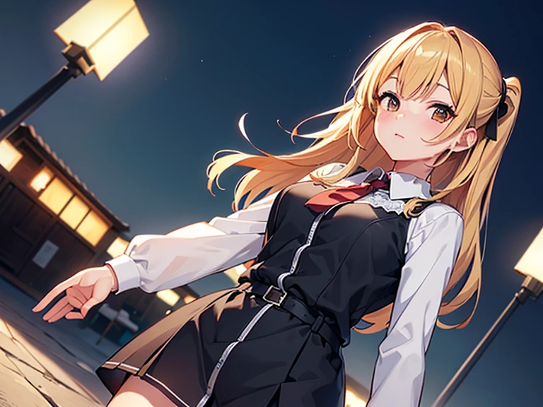quadratic element，one-girl，teens girl，Loli breasts，Junior high school student body type，Yellow hair，hair between eye，long whitr hair，dishiveredhair，Purple eye，Big round eyes，adolable，Eccentric，ssmile，best shadow，Best Picture Quality，best light，Movie lighting，Beautiful graphics，Beautiful eyes，8K，A masterpiece，a sense of atmosphere，dynamicposes，Evangelion painting style，Shin Evangelion