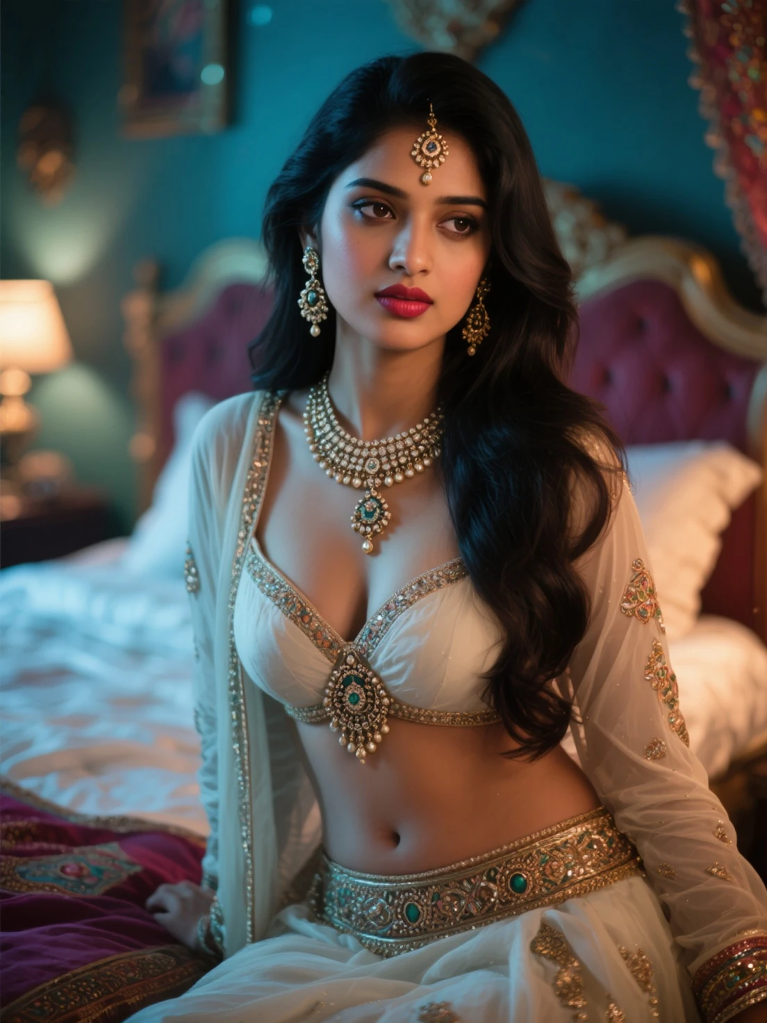 There is an Indian woman, her age is 25 years old and she exudes an irresistible allure. Draped in the elegant blackness of a saree, every curve of her slender frame is accentuated, heightening her sexiness. Her dark, expressive eyes sparkle with sensuality, drawing the viewer in. The room is bathed in the soft, mysterious glow of the night, creating a Dutch angle that enhances her captivating presence.