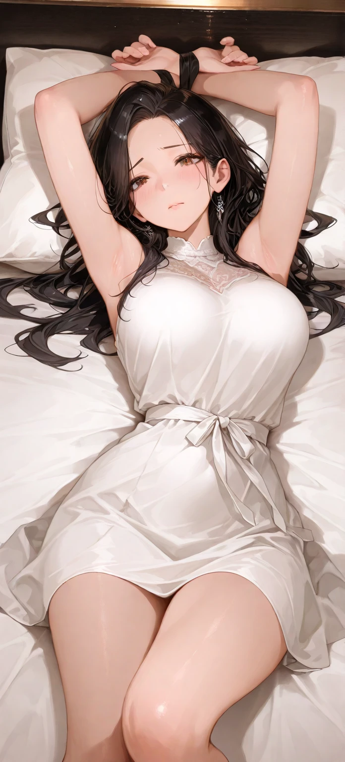 masterpiece,ultra detailed,hyperrealistic,1woman,white camisole,naughty panties,at home,curvy body,medium straight hair,cute japanese gravure idol,black hair,(tareme),happy smile,mature modest woman,lying on back