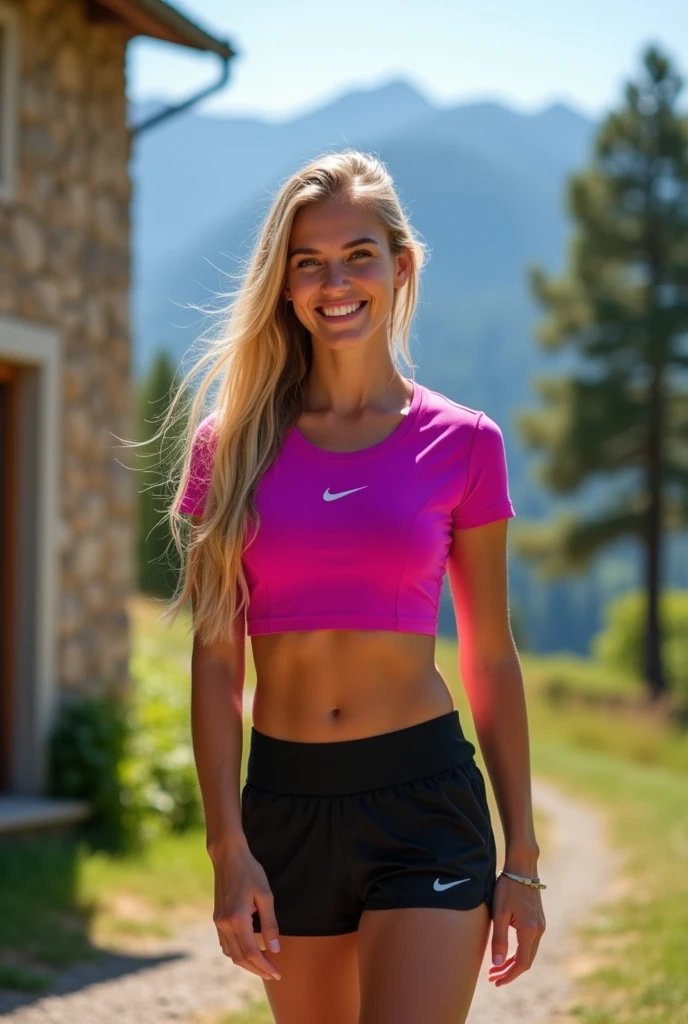 23 year old german blond  woman named Emma, while vacation in Hamburg, harbour, summer, early morning, sun rays, standing in front of the river, wearing a old but nice well preserved illfitting  light blue mini skirt and white top, having a fish snack, sun through tree leaves, good mood time, tired but happy facial expression, morning mist over the towm, comfortable relaxed attitude, crane in the background, some very old and big tank ships, long hair