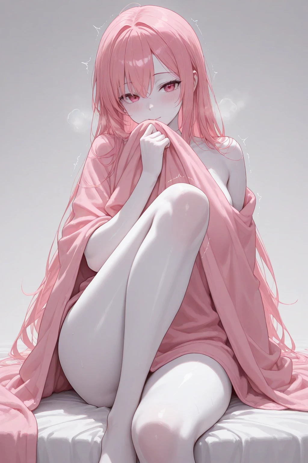 Surrealist girls,18-year-old girl,fox ear,Nine big furry tails,Pink Long Hair, no panties,The girl smiled,Bai Zhe's delicate skin,broad chest,Lie down in bed,Bare thighig pink eyes,no clothes, naked,