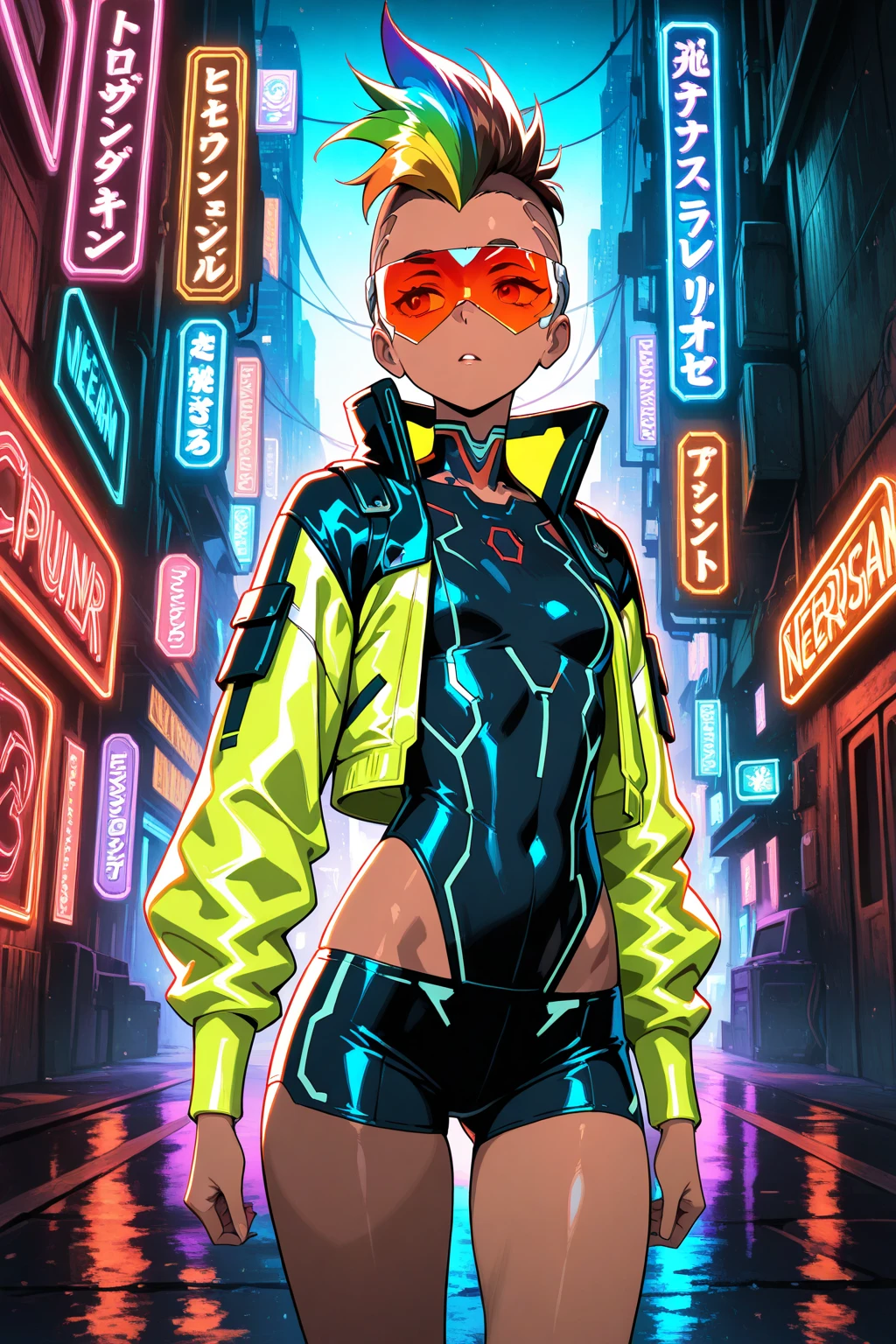 1 girl, rainbow mohawk, petite slim body, polynesian origin, dark brown skin, cyberpunk leisurewear athletic clothing + mirrorshades + urban flash jacket, cyberpunk netrunner, cybernetic implants, anime, gritty cyberpunk city, dark color palette, neon lights, 