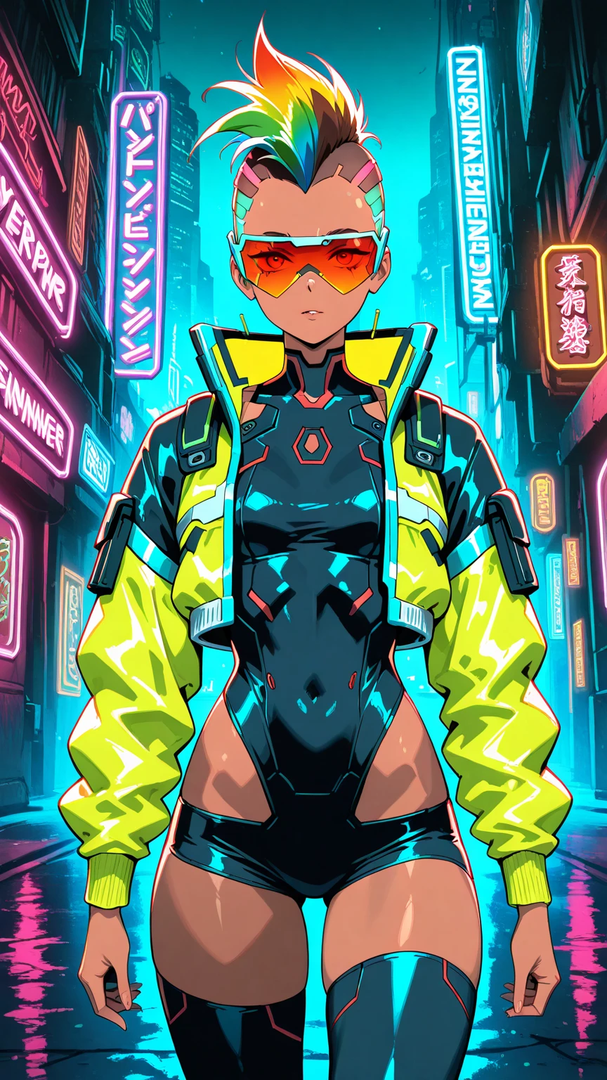 1 girl, rainbow mohawk, slim body, polynesian origin, dark brown skin, cyberpunk leisurewear athletic clothing + mirrorshades + urban flash jacket, cyberpunk netrunner, cybernetic implants, anime, gritty cyberpunk city, dark color palette, neon lights, 