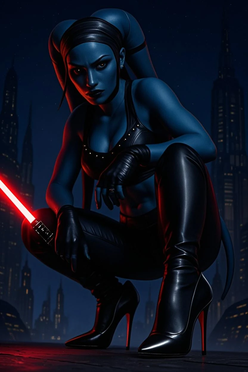 Padme Amidala, in fighting pose, holding a lightsaber, wears a jedi clothes, cleavege, voluptuous legs,  belly is exposed, top, in a street of a futuristic city,  an explosion is in the back, tie fighter are flying in the sky, at night, barefoot, stormtroppers are in the back of the picture