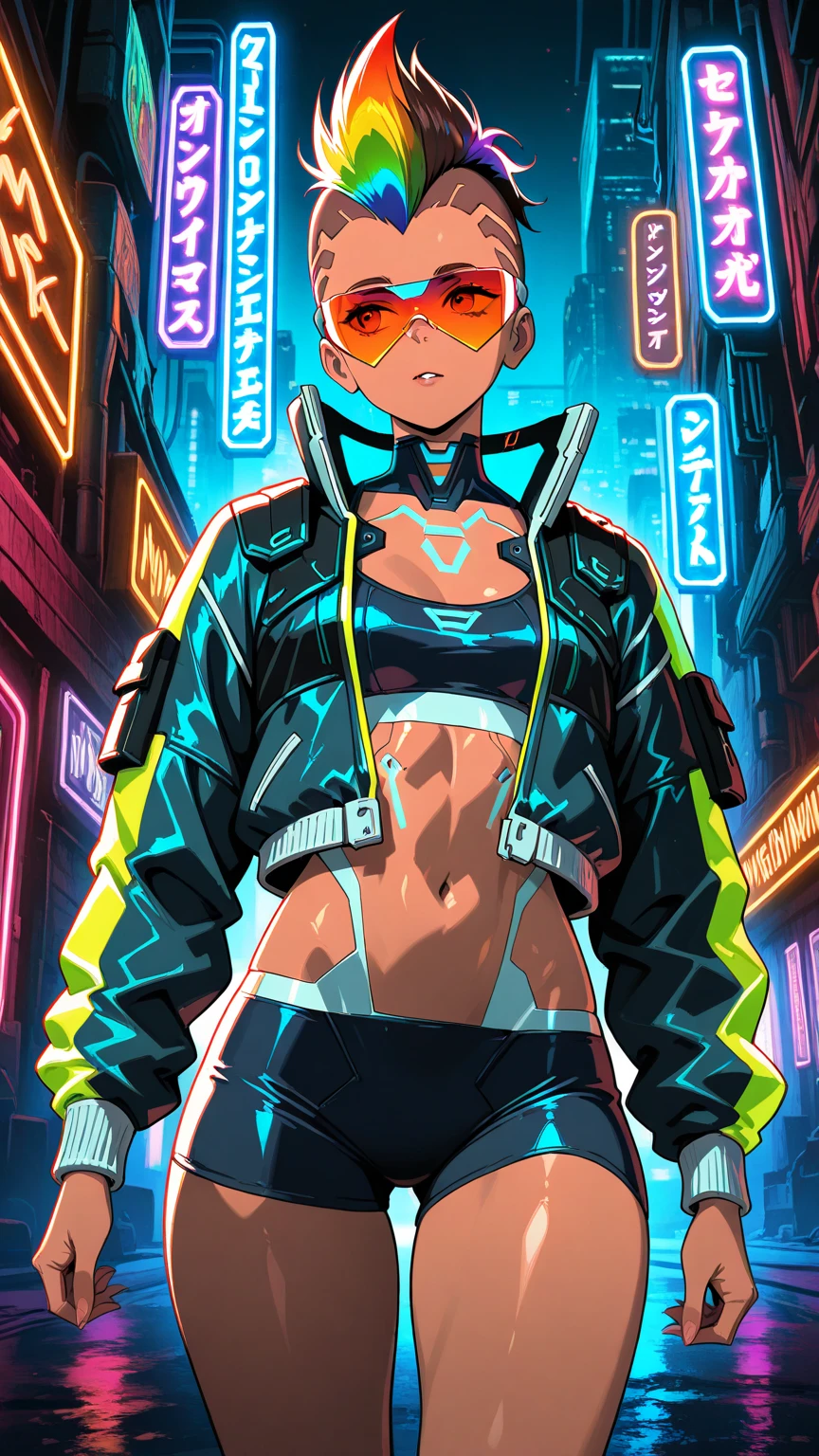 1 girl, rainbow mohawk, slim athletic body, polynesian origin, dark brown skin, cyberpunk leisurewear athletic clothing + mirrorshades + urban flash jacket, cyberpunk netrunner, cybernetic implants, anime, gritty cyberpunk city, dark color palette, neon lights, 