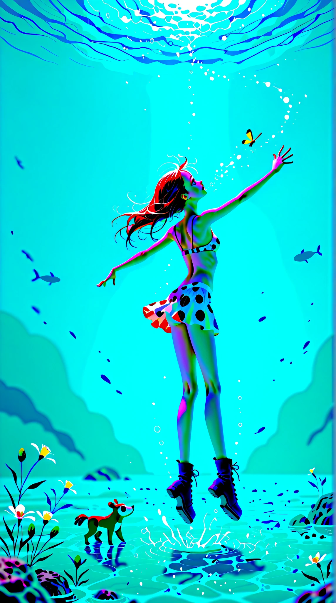 Full body photo taken from the top back of the figure, mature woman, 1girl, short hair, glasses, underwater, sea, digital painting, flat body, arms and hands open, legs open, butt on stilts, rounded feet, taken from above the woman's back, woman's face facing the bottom direction, no face visible, full body photo, soft light, (coral swimming tropical fish), (pale skin: 1.2), swimsuit, analytic art, detail painting, bioluminescence, iridescent colors, octane,