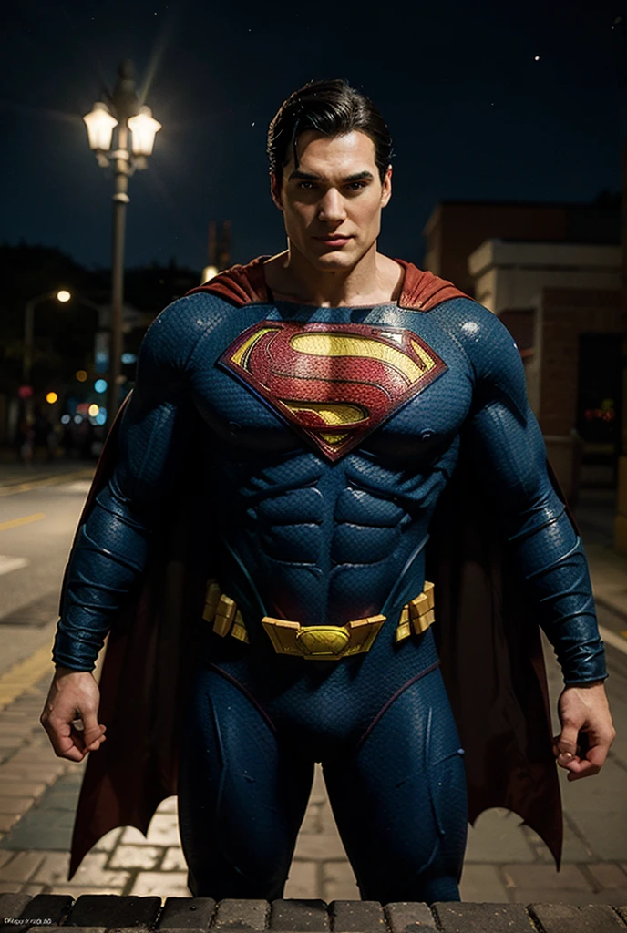 1 man, solo, Henry Cavill as Superman, 40s year old, all blue and red details suit, bare hands, big red S symbol on the chest, red cape, strain of hair covering forehead, short cut hair, tidy hair, tall, manly, hunk body, strong, ((muscular male)), ((muscular legs)), ((very mascle)), wide shoulder, straight face, black hair, best quality, high resolution:1.2, masterpiece, photorealism, dark background, detailed suit, detailed face, upper body shot, crossed arms, runic city in the background