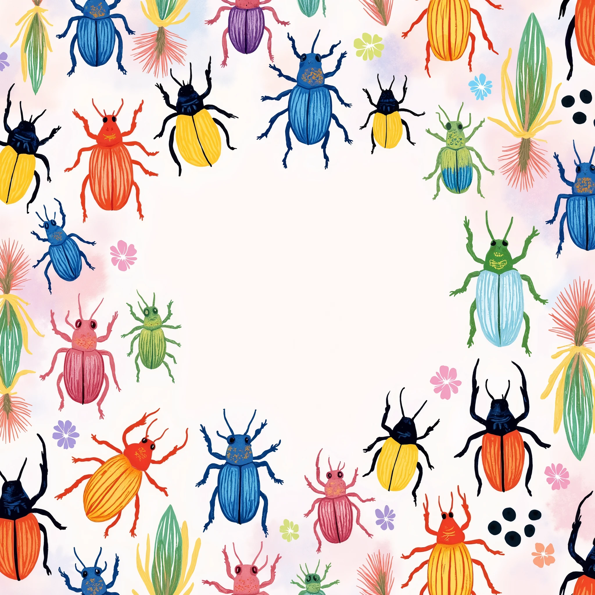 Pastel colors wallpaper, full of colourful beetles pattern, empty center 