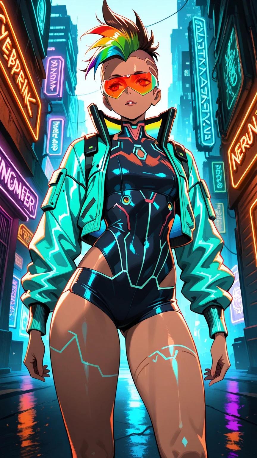 1 girl, rainbow mohawk, slim athletic body, polynesian origin, dark brown skin, cyberpunk leisurewear athletic clothing + mirrorshades + urban flash jacket, cyberpunk netrunner, cybernetic implants, anime, gritty cyberpunk city, dark color palette, neon lights, 