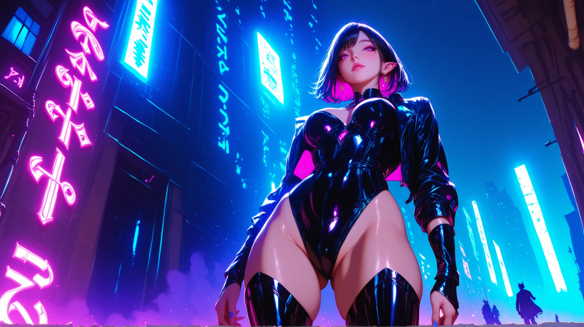 High image, Super Detail, High resolution, Anime, Manga, Illustration, Intelligent beauty, Baby face, make up, Ecstatic expression, Amorous expression, Seductive look, Flowing layered messy black glossy medium short wavy hair, Glowing black big eyes, Seductive moist red lips, Large breasts, under the boobs, sideboob barbosa, great proportion, perfectly proportions, slender, Full body, Black Gloss Rubber Bodysuit, Background Fantasy, Galaxy, Magic Circle, Kaleidoscope, Rainbow and golden neon lights emitting many lines radiating from the floor and ceiling, cyberpunked