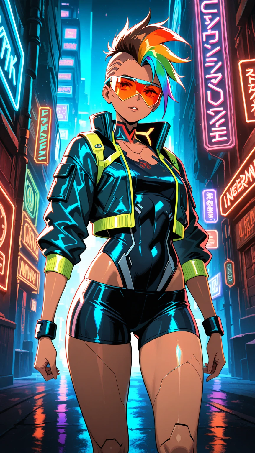 1 girl, rainbow mohawk, slim athletic body, polynesian origin, dark brown skin, cyberpunk leisurewear athletic clothing + mirrorshades + urban flash jacket, cyberpunk netrunner, cybernetic implants, anime, gritty cyberpunk city, dark color palette, neon lights, 