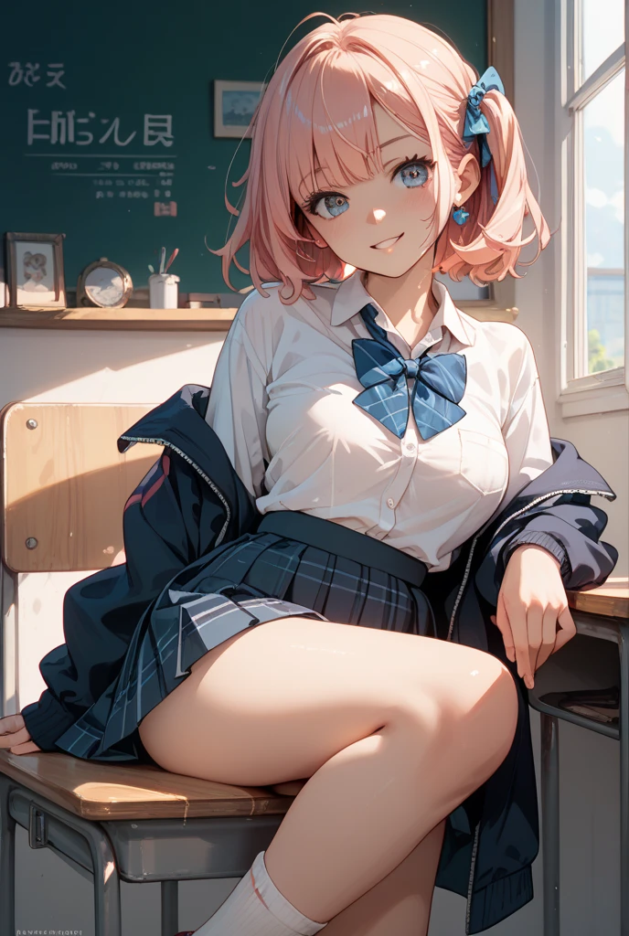 (8K, Highest quality, Highest quality, masterpiece), ((closed mouth, one cheek puffed out with held breath, jealousy)), (denim hot shorts), (mini shorts), big breasts, nm1, headphones around neck, long sleeves, blue cardigan, pantyhose, (fullbody), smile, school uniform, open jacket