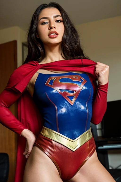 Beautiful woman short black hair defined body big breasts, wearing Supergirl cosplay