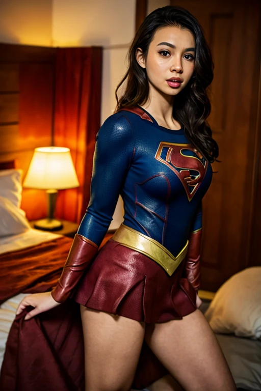 HD, Masterpiece, (((super detailed face))), (beautiful face), 1 woman in a supergirl costume trying on pantyhose, (Jenna Ortega) as a very beautiful supergirl with red cape and blue and red crop top, super photo realistic, super photorealistic, visual of supergirl, (pantyhose:1.4), ((full body shot)), 4k, cinematic, ((medium shot)), (zoom out:1.2), realistic , super high resolution, super highly detailed, 4 k, (sheer pantyhose), (((looking seductively at camera))), ((closed lips)), Closed mouth, ((Brunette long hair with bangs)) , (((no bottoms))), (((no panties)))