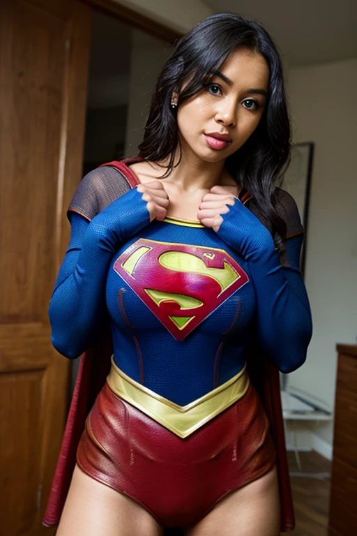 indian girl, big breasts, sexy supergirl costume, very cute, teenager, sexy pose, cleavage, beautiful face,