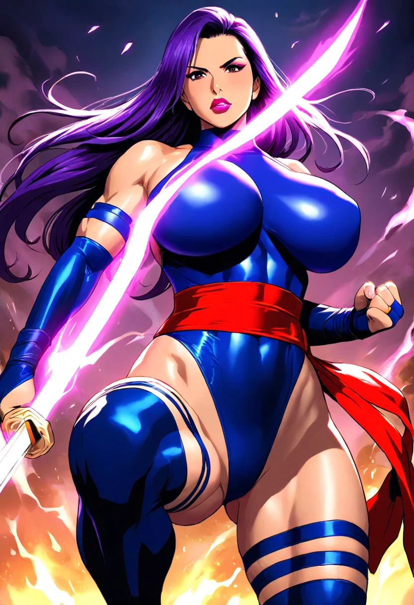 Art image of Olivia Munn as Psylocke, busty, beautiful, dark blue costume with red sash at her waist black hair, large breasts, by Louis Royo, Boris Vallejo, J. Scott Campbell, extreme focus, sharp details, sexy, oily skin, show feet, full body,, (BBW:1.3), (MILF:1.5)