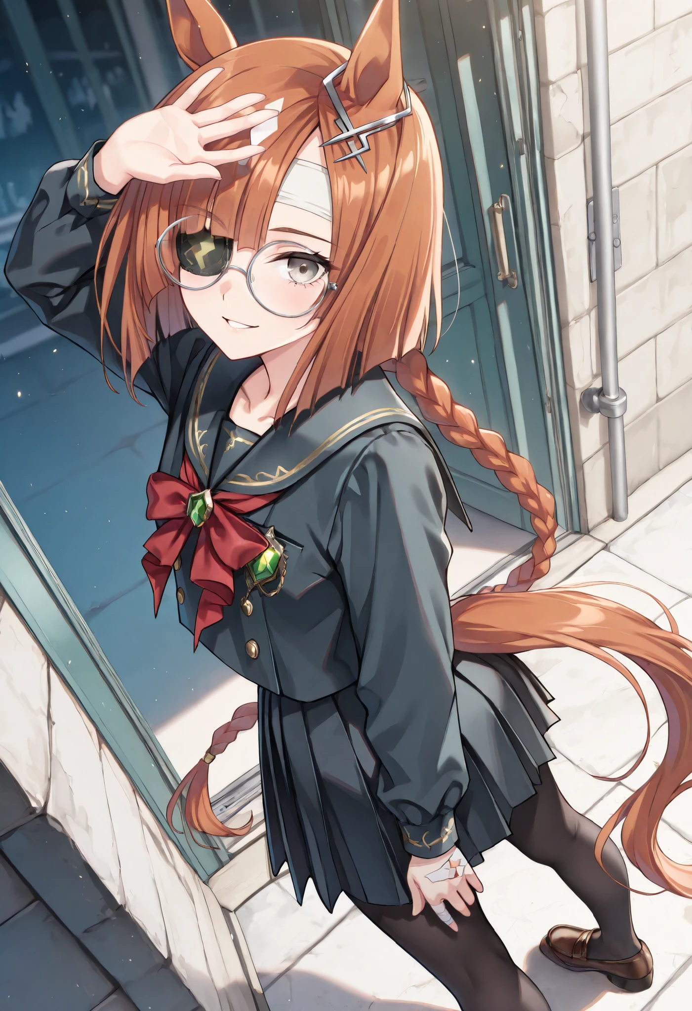 (masterpiece, best quality, perfect face:1.4), wide angle, ikuno dictus \(umamusume\), 1girl, glasses, round eyewear, horse ears, ear ornament, horse tail, tail on the lower back, proportional body, proportional,1 girl, beautiful hair, beautiful face, beautiful detailed eyes, beautiful clavicle, beautiful body, beautiful chest, beautiful thigh, beautiful legs, beautiful fingers, looking at viewer, BREAK, black serafuku, long sleeves, black sailor collar, red neckerchief, black skirt, pleated skirt, black pantyhose, loafers, BREAK, sharp eyesight, ((eyepatch to left eye)), Place your hand on your forehead, bandages on hands, open-fingered glove, yandere, crazy, morbid love, An innocent smile, possessiveness, desire for control, textured skin, realistic skin, HDR, BREAK, good hands