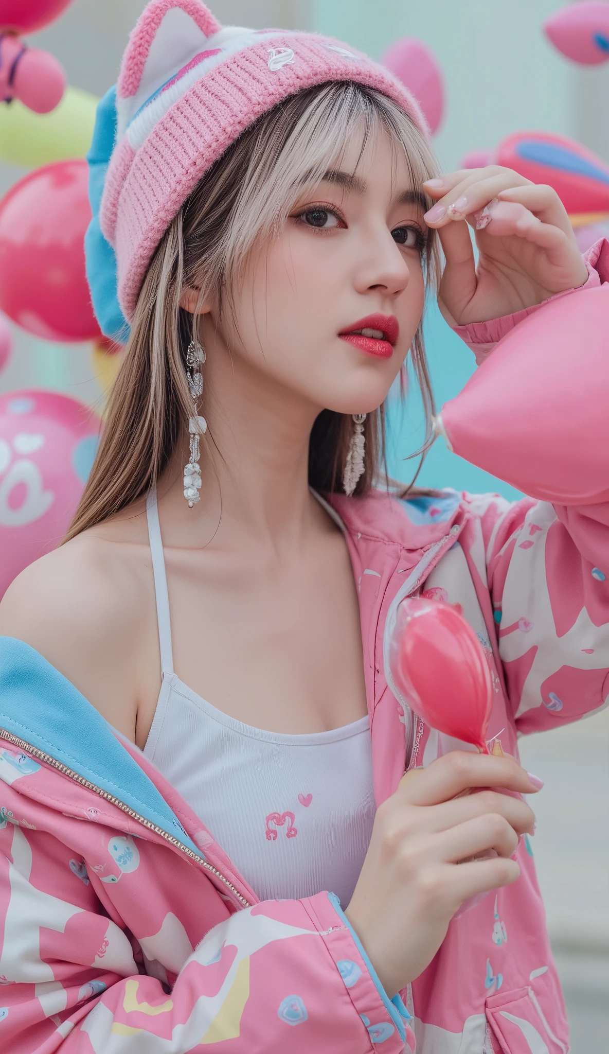 8k, masterpiece, half view , fashion photography ,dynamic posture, Pretty girl wearing a long shirt, , , , , straight white hair and bangs, White skin, bright blue eyes with pink and blue eyeshadow, nude lips, wearing a bright outfit, , , , a colorful jacket,, Unusual graphic pattern, white shorts jeans,Pretty tall and slender legs ,Long socks with a slight pattern.,Distinctive canvas,a bright pink beanie,Beanie hat with big and cute ears., , , abstract earrings with neon colors and pendants, , , , Look at the camera with confidence, bright, Stu light Colorful Background Dios..